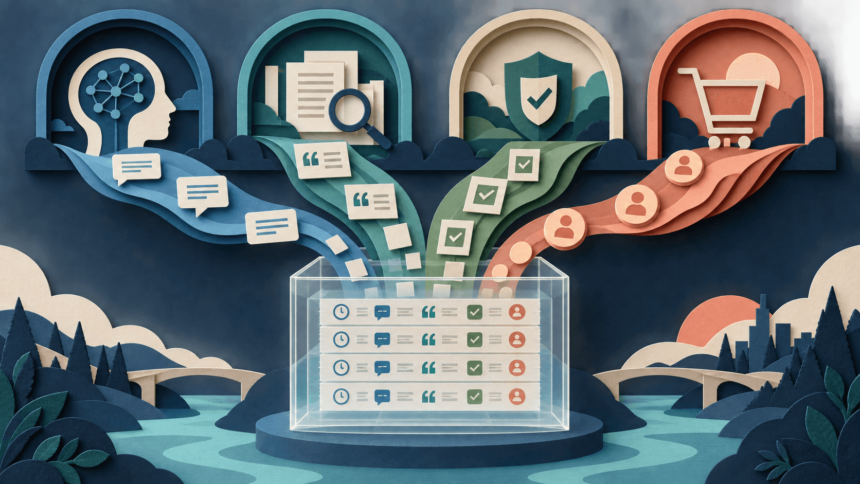 How to Measure AI Visibility Across ChatGPT, Gemini, Claude, and Google Paper-cut editorial illustration of four answer engines feeding timestamped mentions citations accuracy and conversions into a ledger