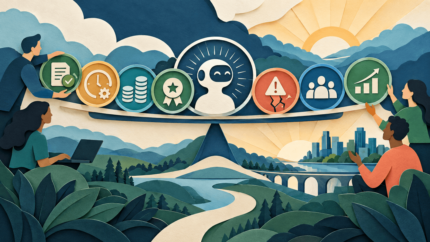 How to Measure AI Workflow ROI Without Fooling Yourself Abstract paper-cut editorial illustration of a balanced AI workflow scorecard combining approved output, correction time, software cost, quality, severe failures, adoption, and business outcomes