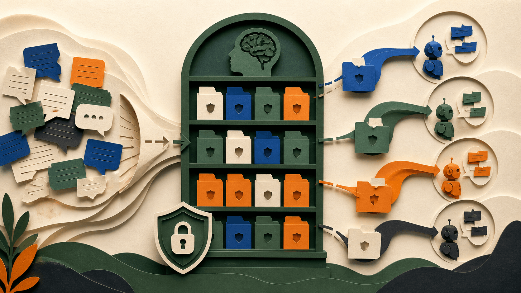 Mem0 Review 2026: AI Agent Memory, Pricing, Privacy, and Fit Paper-cut illustration of conversations being distilled into protected memory folders and selectively retrieved by several AI agents