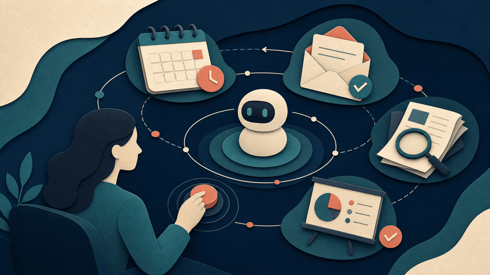 Meta AI recurring tasks and connected-app agents Editorial illustration of a person supervising an AI assistant coordinating calendar, email, research, and presentation tasks