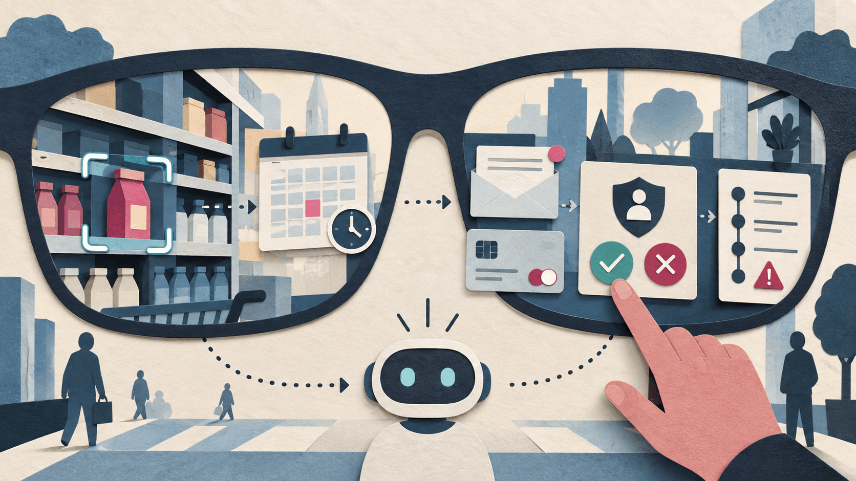 meta muse ai glasses connect 2026 Paper-cut editorial illustration of unbranded smart glasses observing a shelf before an agent requests approval for email and payment actions