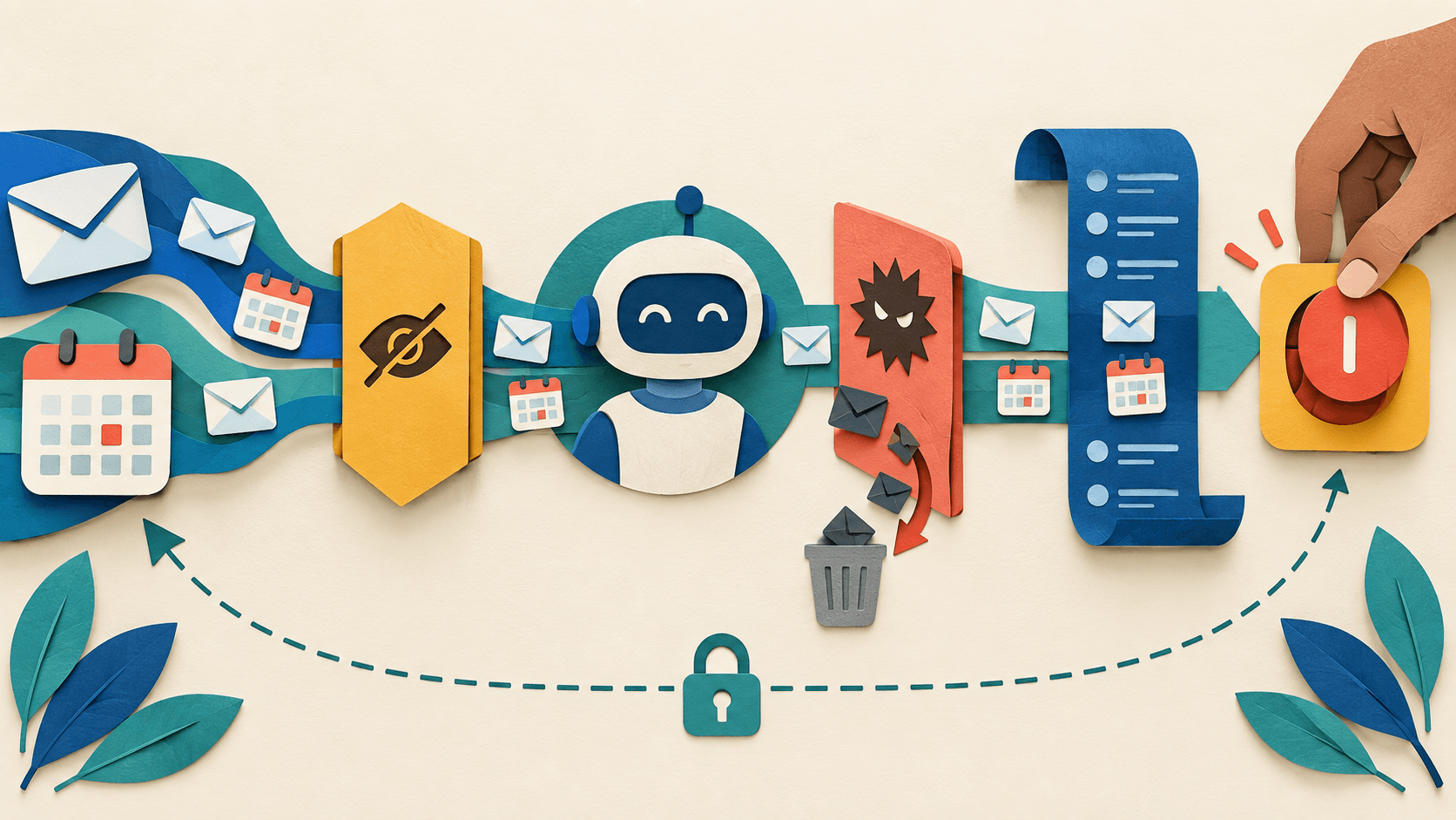 Safely connect Meta Muse to email and calendar Abstract paper-cut editorial illustration of email and calendar access passing through read-only scopes, approval gates, hostile-message tests, audit logs, and a revocation switch
