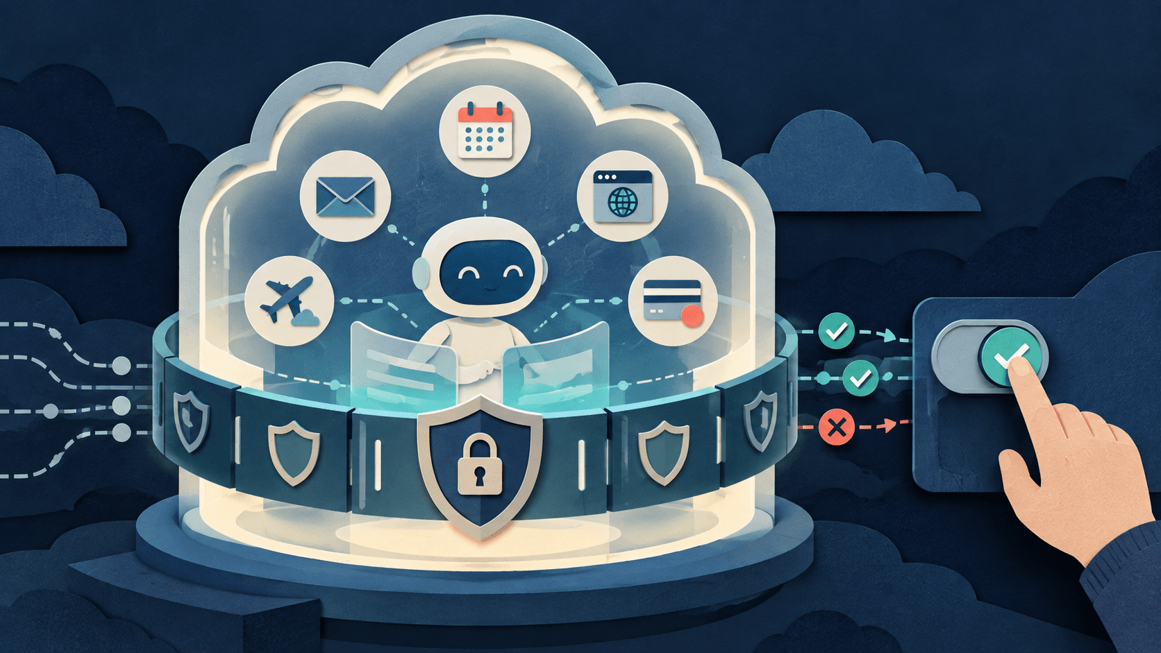 A personal AI agent operating through a guarded cloud workspace Paper-cut personal AI agent inside an isolated cloud computer with permission gates, connected apps, and a human approval control