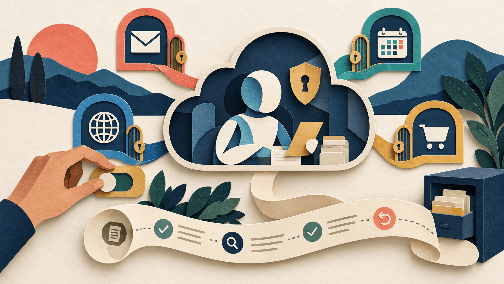 Meta Muse Review 2026 Paper-cut editorial illustration of a personal AI agent working inside a guarded cloud computer with permissions, connected apps, an audit trail, and human approval