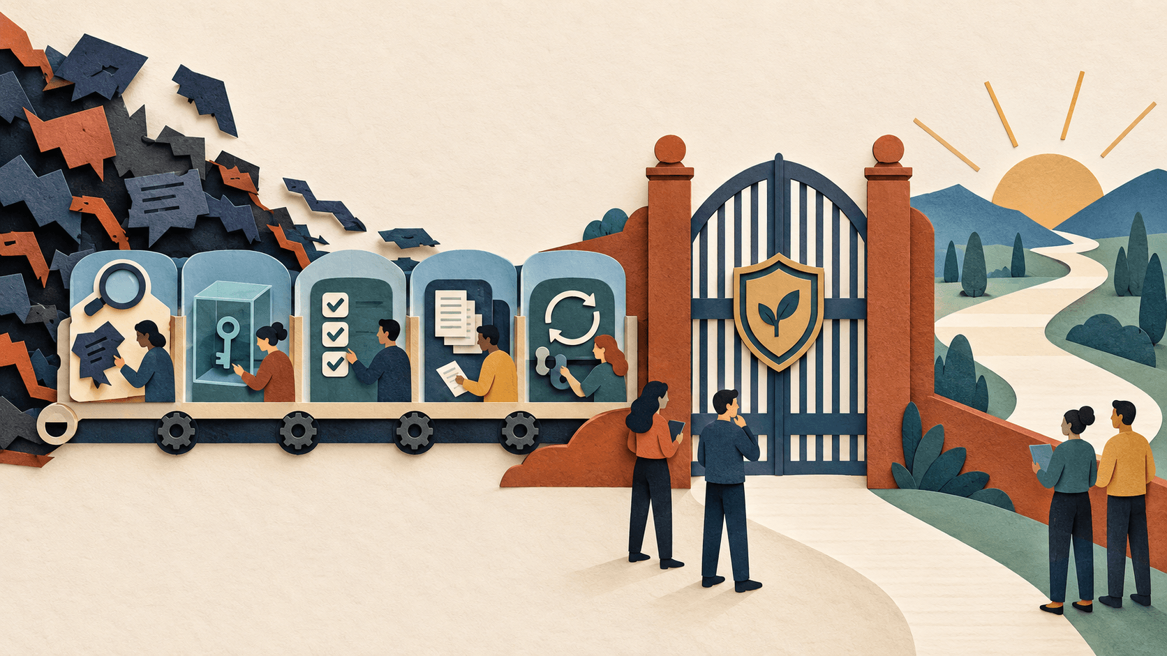 Meta Muse safety delay Abstract paper-cut editorial illustration of a personal AI agent paused behind a safety gate while permissions, hostile instructions, audit logs, and recovery controls are inspected