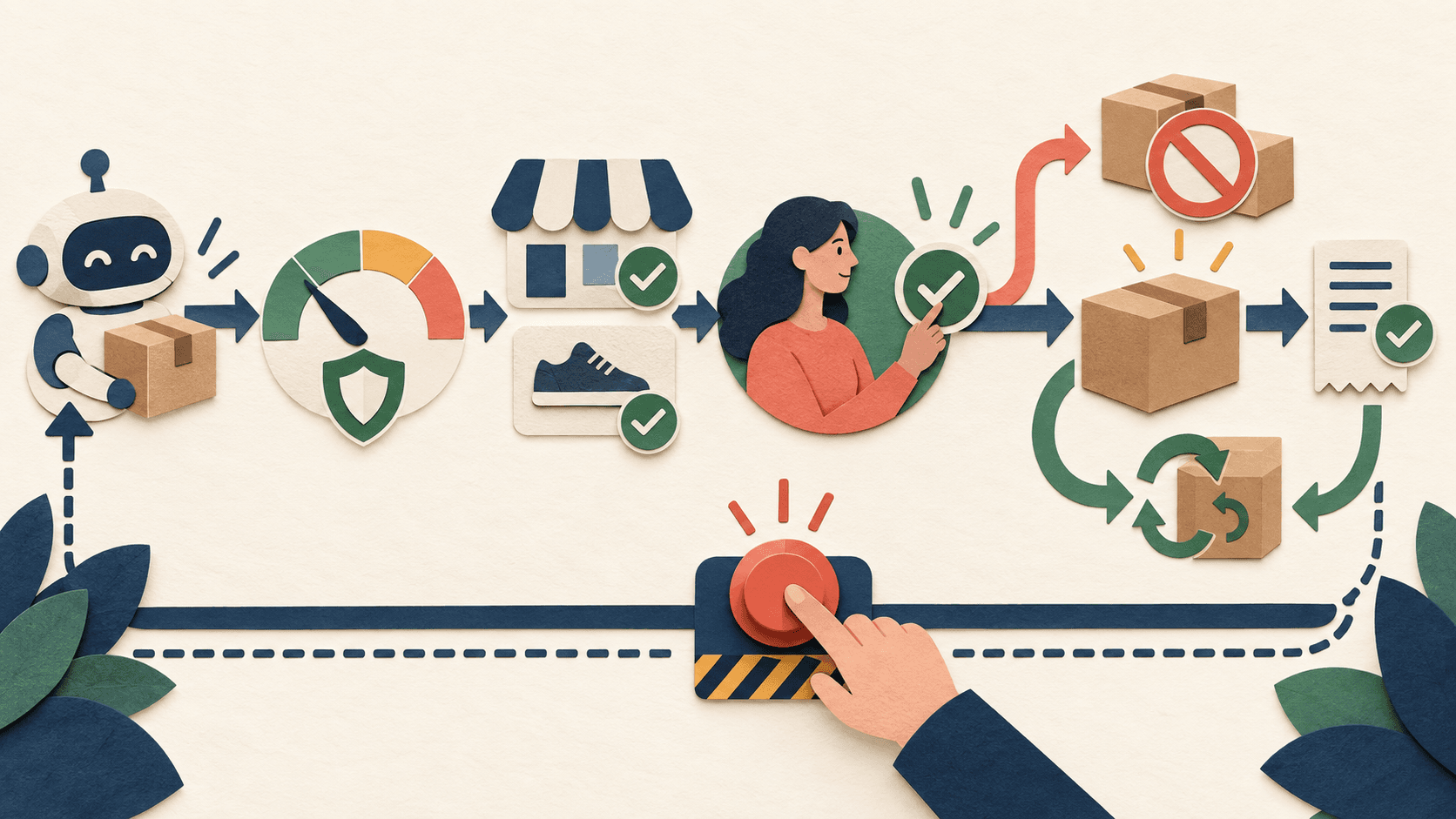 Safely test Meta Muse purchases and cancellations Abstract paper-cut editorial illustration of an AI purchase moving through a spending cap, merchant and item checks, explicit approval, duplicate prevention, receipt, refund, and kill switch