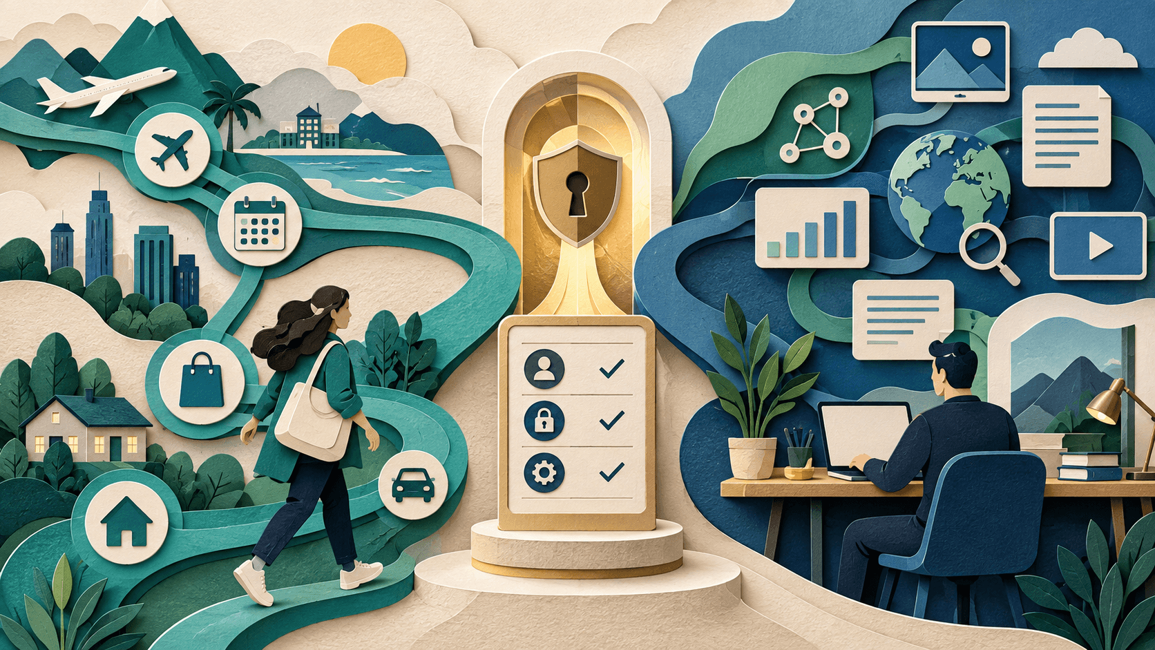 Meta Muse vs. ChatGPT Paper-cut editorial illustration comparing a personal AI agent completing travel and shopping tasks with a broad AI workspace for research and documents