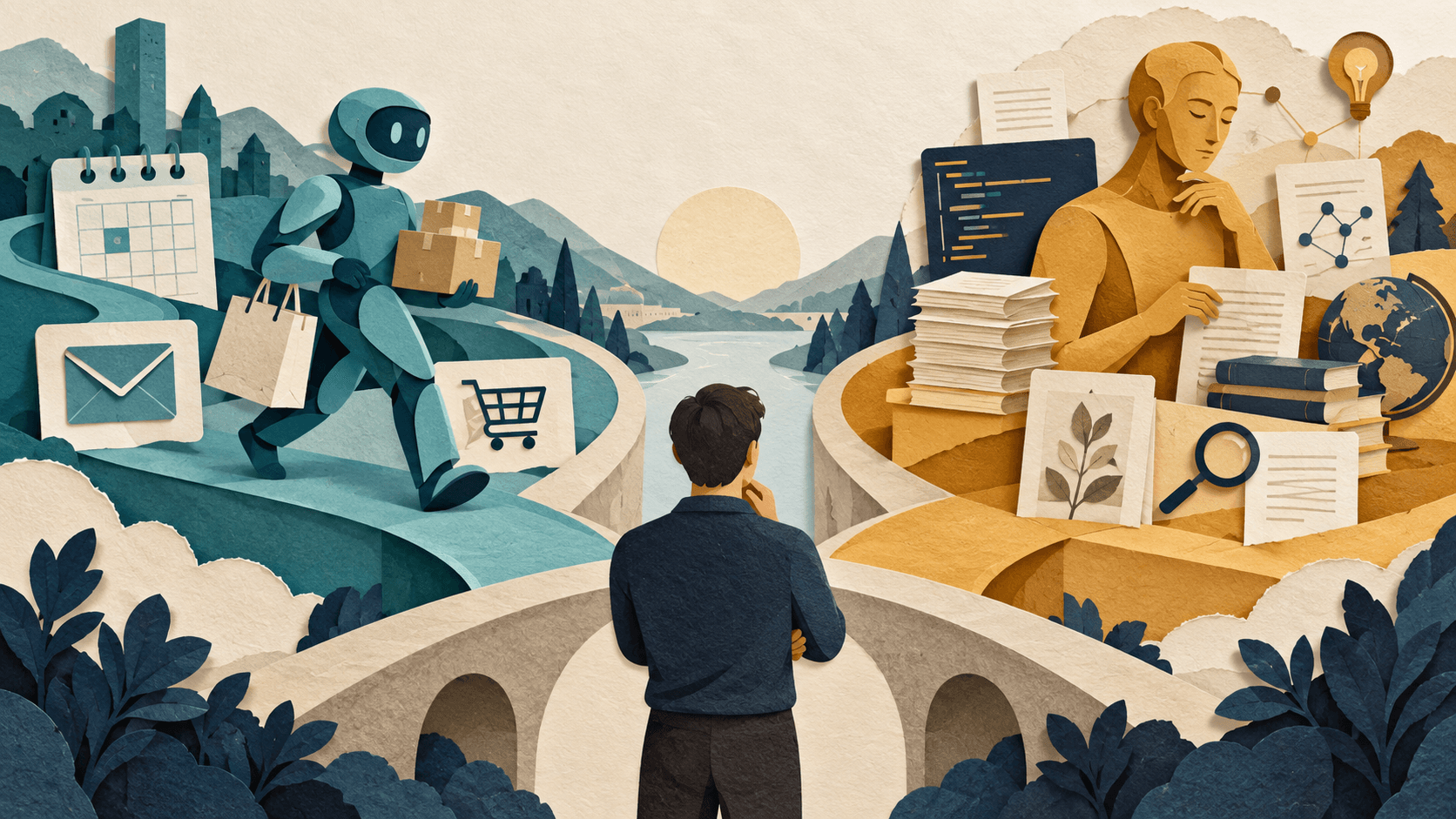 Meta Muse vs. Claude Paper-cut editorial illustration comparing an AI agent carrying personal errands with an AI collaborator organizing research, documents, and code