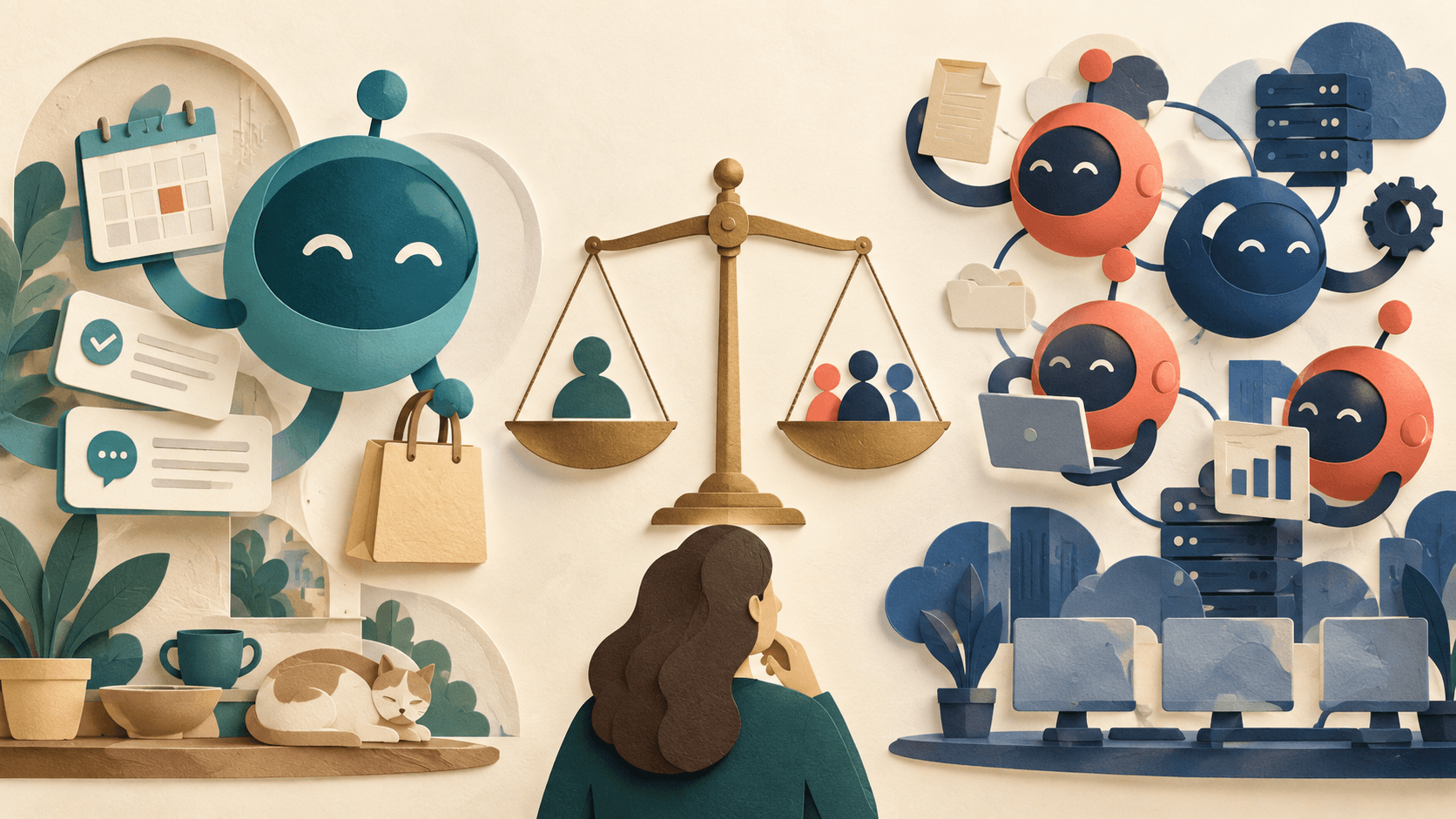 Meta Muse vs. Grok Bot Paper-cut editorial illustration comparing one personal AI agent handling everyday errands with a coordinated team of persistent cloud-computer agents