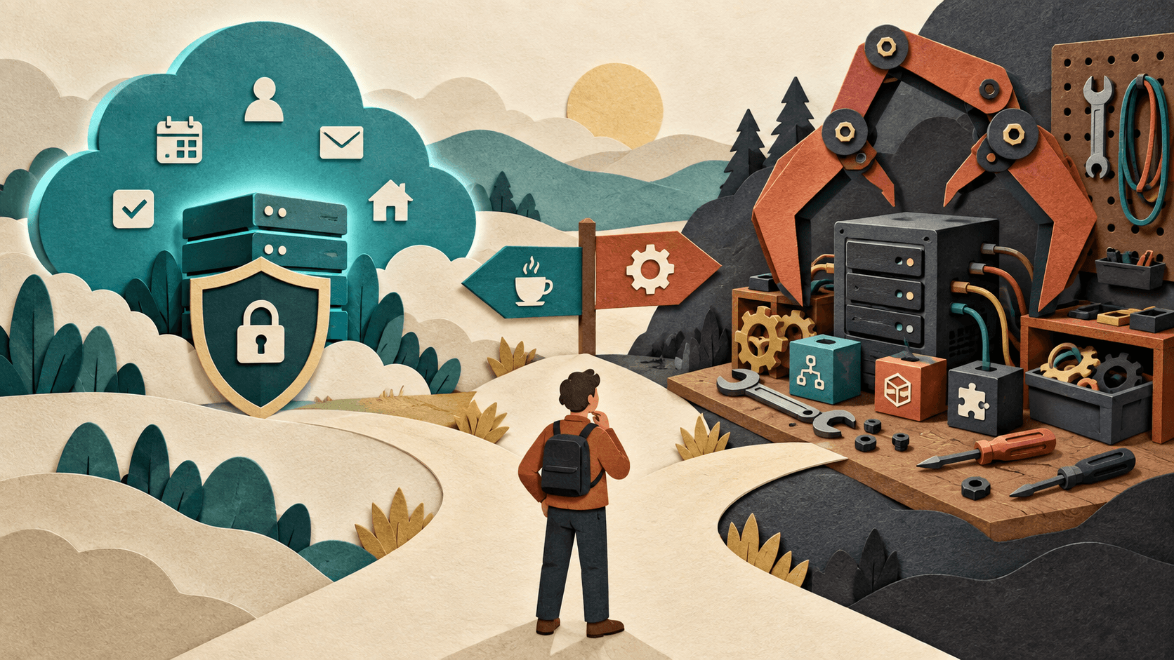 Meta Muse vs. OpenClaw Paper-cut editorial illustration comparing a guarded managed personal-agent cloud with a configurable self-hosted agent workshop and server