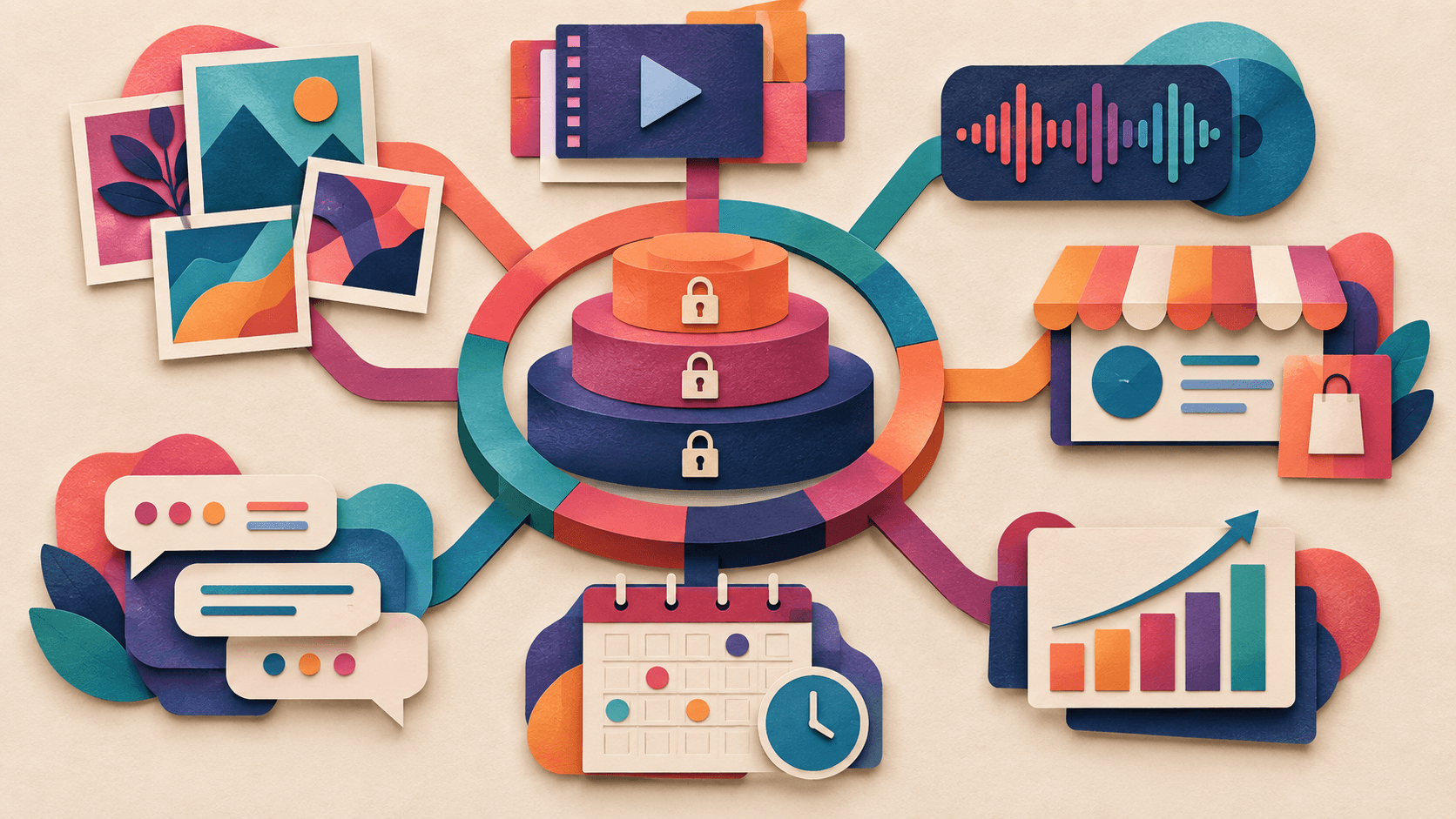 A subscription hub connects AI creation with social business operations Paper-cut subscription tiers connected to image and video creation, messaging, scheduling, a storefront, and analytics