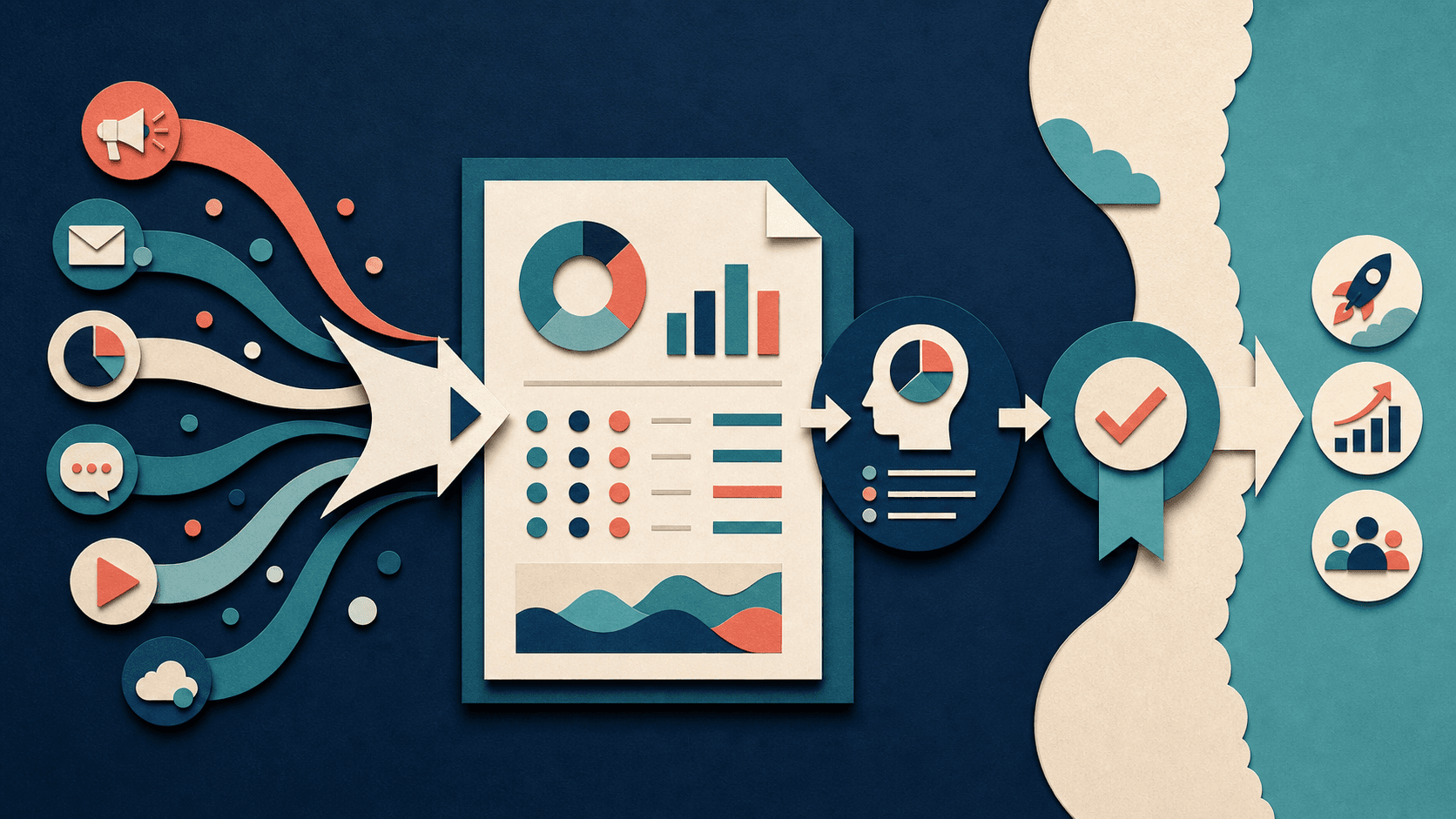 Metricool agency client reporting workflow Editorial illustration of multiple client channels flowing into a concise scorecard, strategic interpretation, approval, and next actions