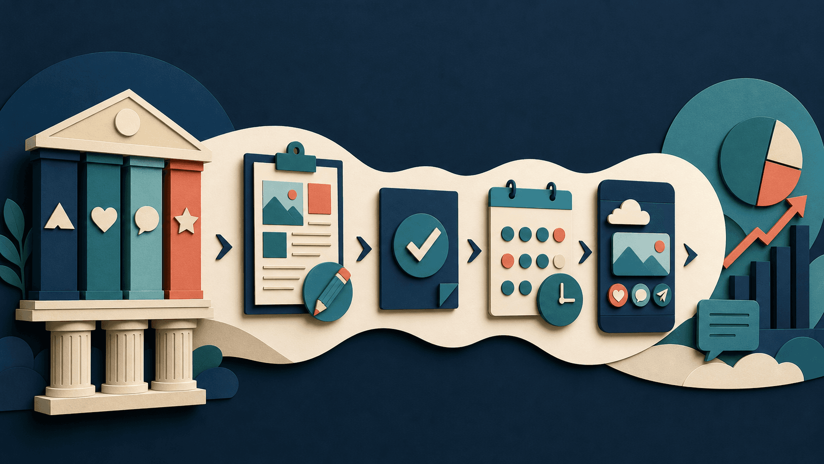 Metricool social media content calendar workflow Editorial illustration of a weekly content calendar moving from pillars and drafting through approval, scheduling, publishing, and performance feedback