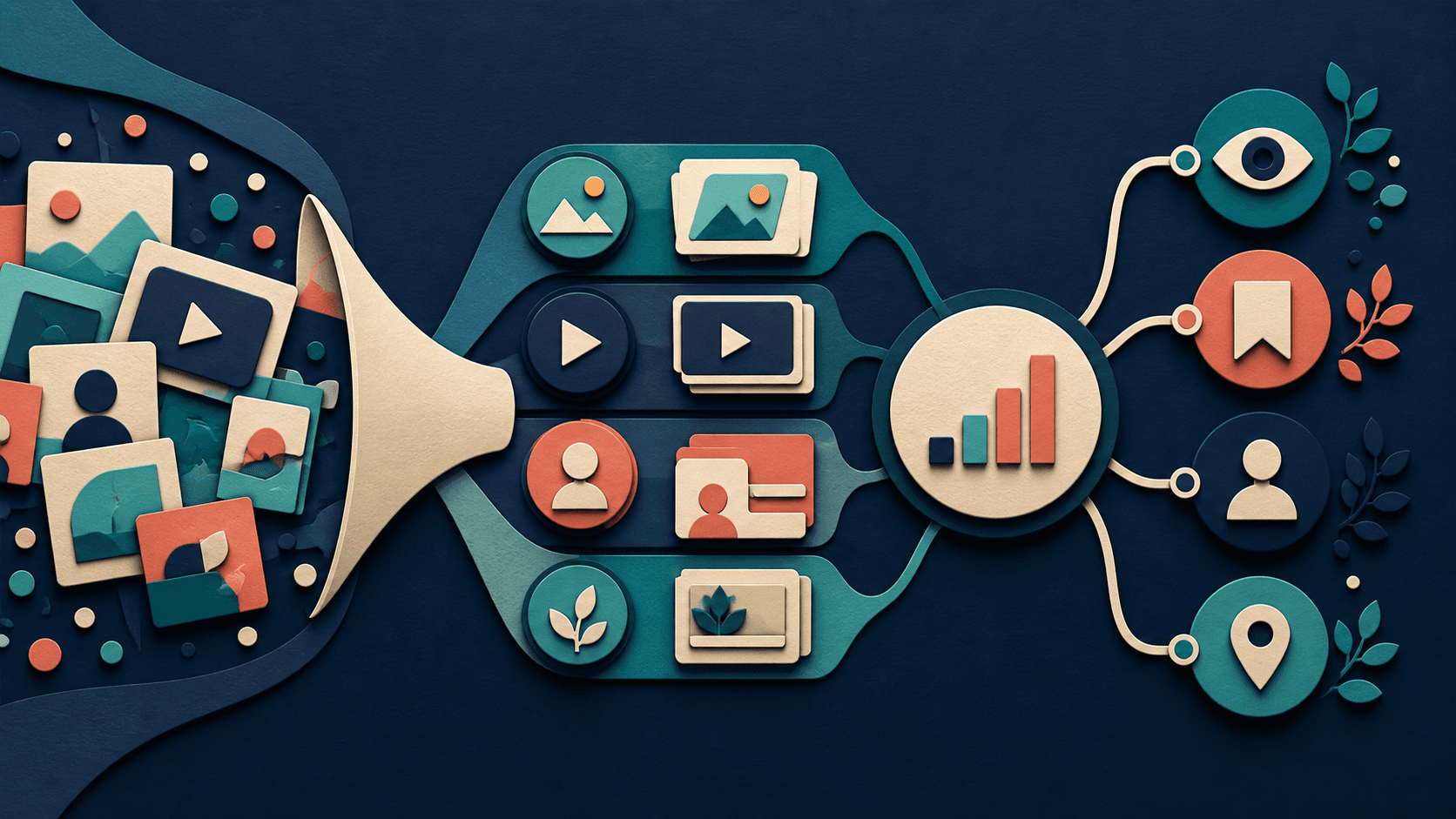 Metricool Instagram analytics workflow Editorial illustration of Instagram content grouped by format and topic before analysis of reach, saves, profile actions, and qualified visits