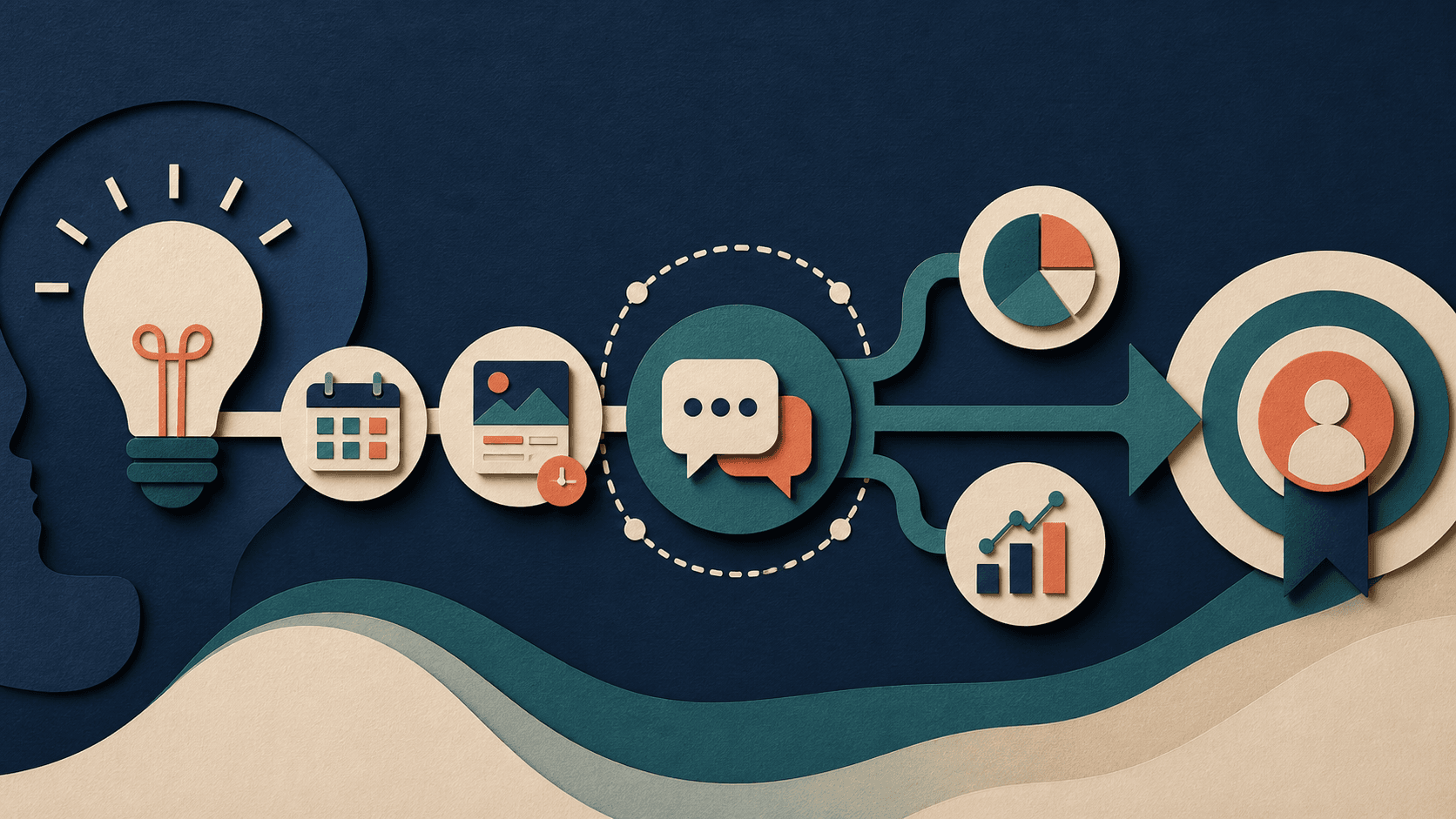 Metricool LinkedIn scheduling and analytics workflow Editorial illustration connecting expert ideas, scheduled LinkedIn posts, authentic conversation, performance analysis, and qualified B2B inquiries