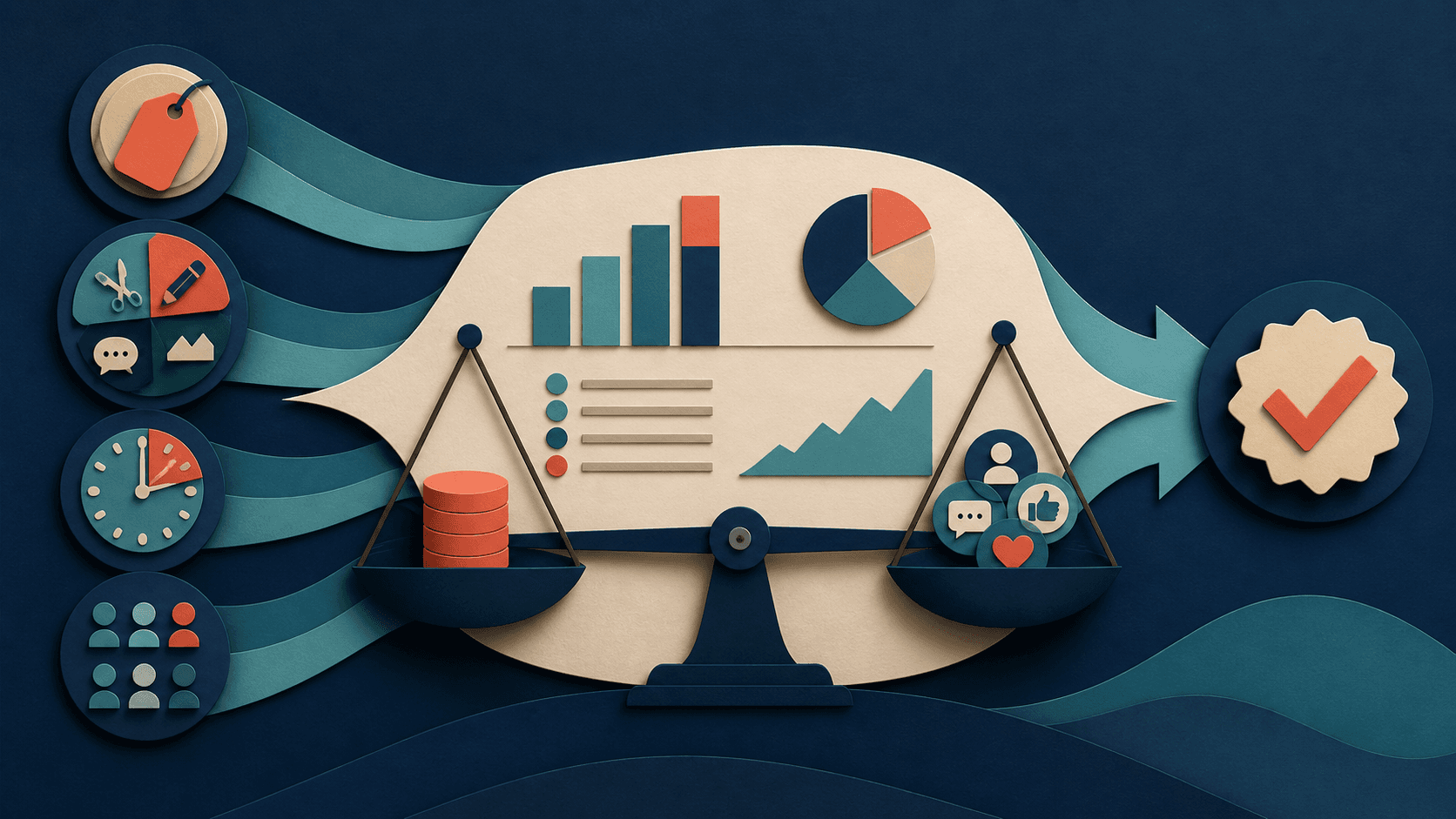 Metricool pricing and value assessment Editorial illustration of a balance comparing social software cost with replaced tools, reporting time saved, active channels, and approved business outcomes
