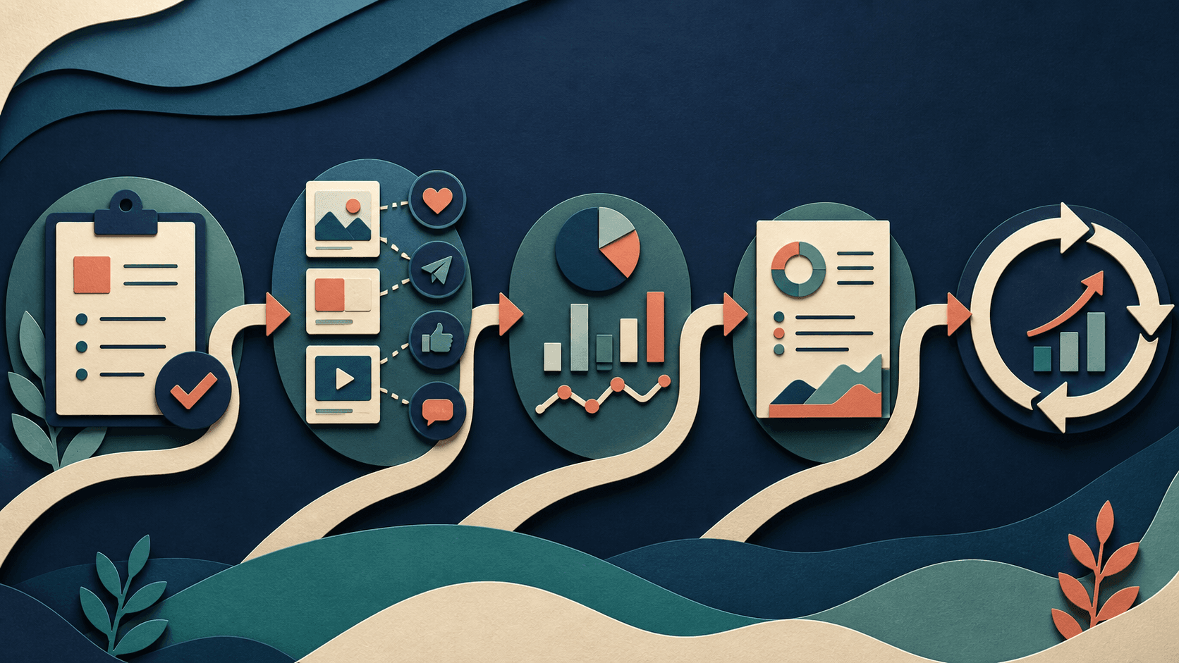 Small business social media management workflow Editorial illustration of a small-business social media workflow connecting planning, channel-specific publishing, analytics, reporting, and weekly improvement