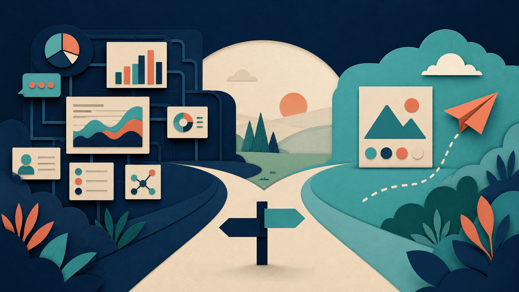 Metricool vs Buffer decision framework for small teams Editorial illustration of two social media management paths comparing analytics-rich reporting with streamlined publishing for a small team