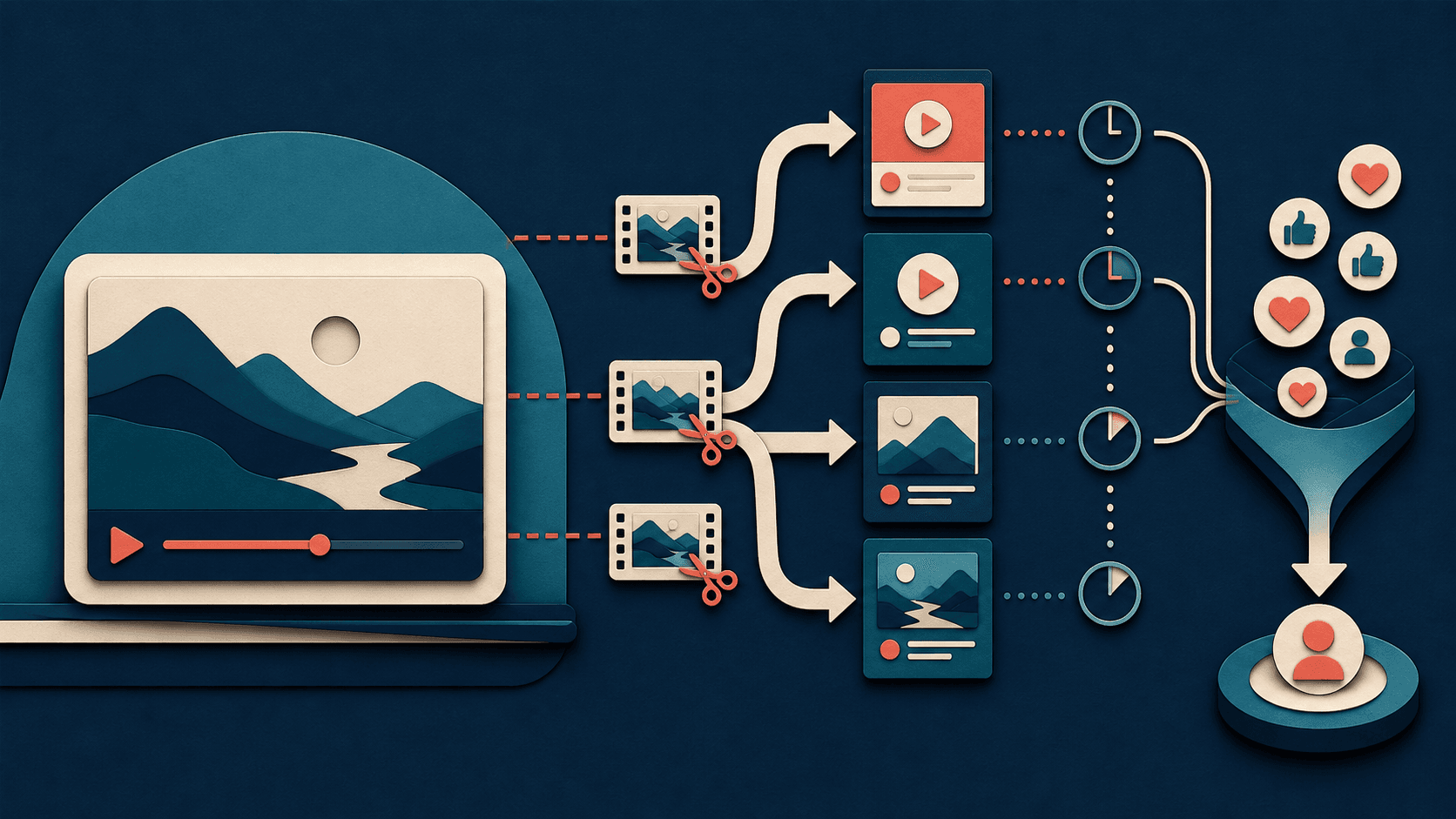 YouTube social media distribution workflow with Metricool Editorial illustration of one long-form YouTube video becoming selected platform-native clips, staggered posts, measured engagement, and qualified conversions