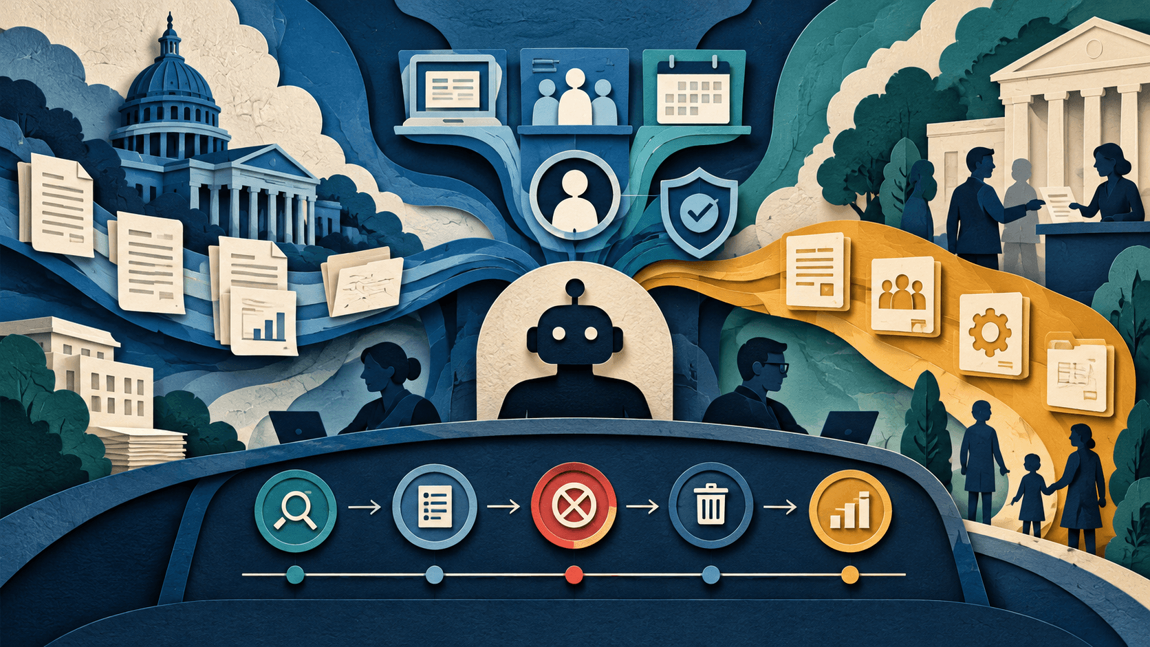 Microsoft 365 G7 and Agent 365 governance Paper-cut editorial illustration of government documents and services passing through identity, compliance, and an AI agent control plane with registration, blocking, removal, and phased authorization