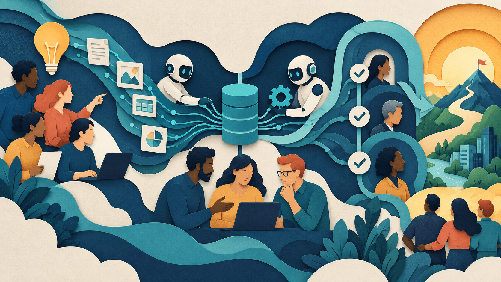 Microsoft Shares Five Lessons From Its AI Transformation Abstract paper-cut editorial illustration of an end-to-end business workflow redesigned around outcomes, shared data, AI agents, people, measurement, and approval gates