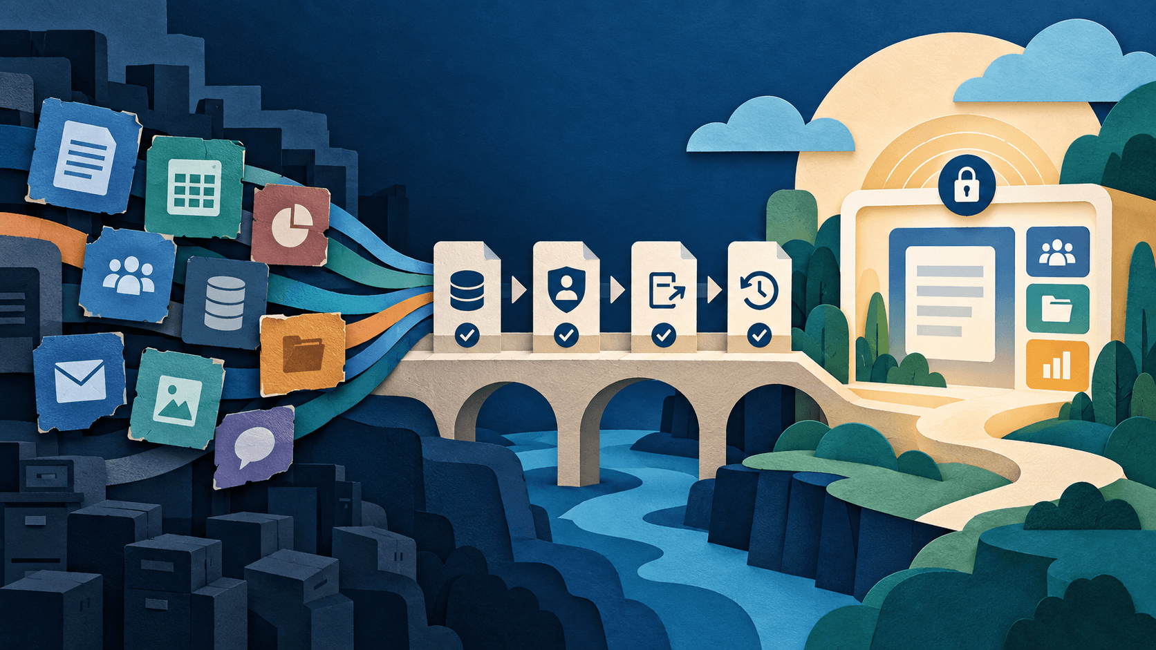 Copilot application migration with governed checkpoints Paper-cut editorial illustration of application records crossing a migration bridge through archive, identity, export, and rollback checks