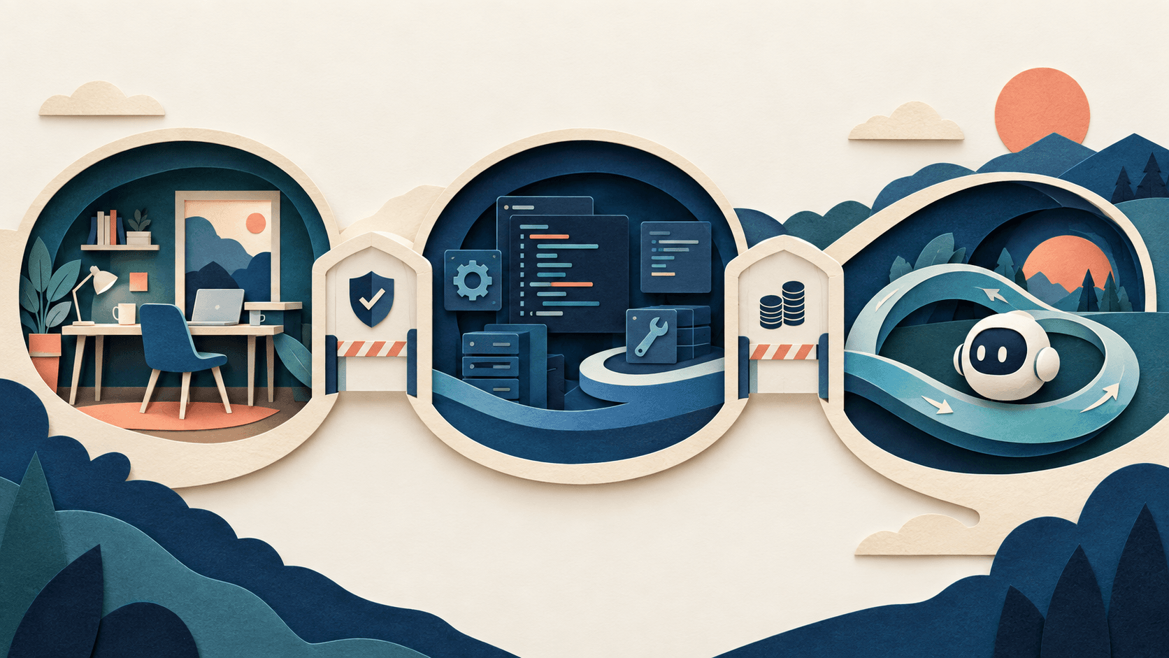 Microsoft Copilot Home, Code, and Autopilot Paper-cut editorial illustration of a home workspace, code workbench, and persistent agent connected through security and cost-control gates
