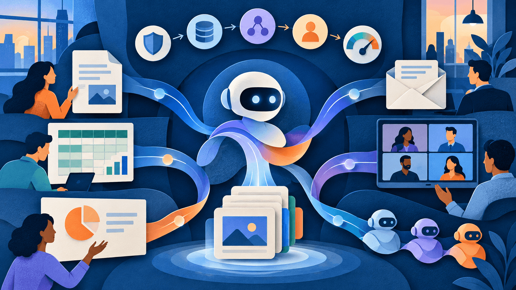 microsoft copilot review 2026 Paper-cut editorial illustration of documents, spreadsheets, presentations, email, meetings, and agents passing through grounding, permissions, review, and usage controls