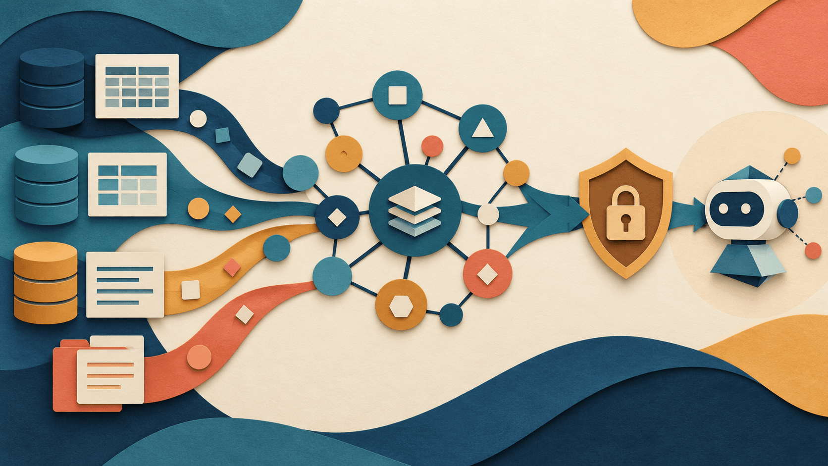 Governed business context grounding an enterprise agent Business data flowing into a semantic knowledge graph and through a permission shield before reaching an AI agent