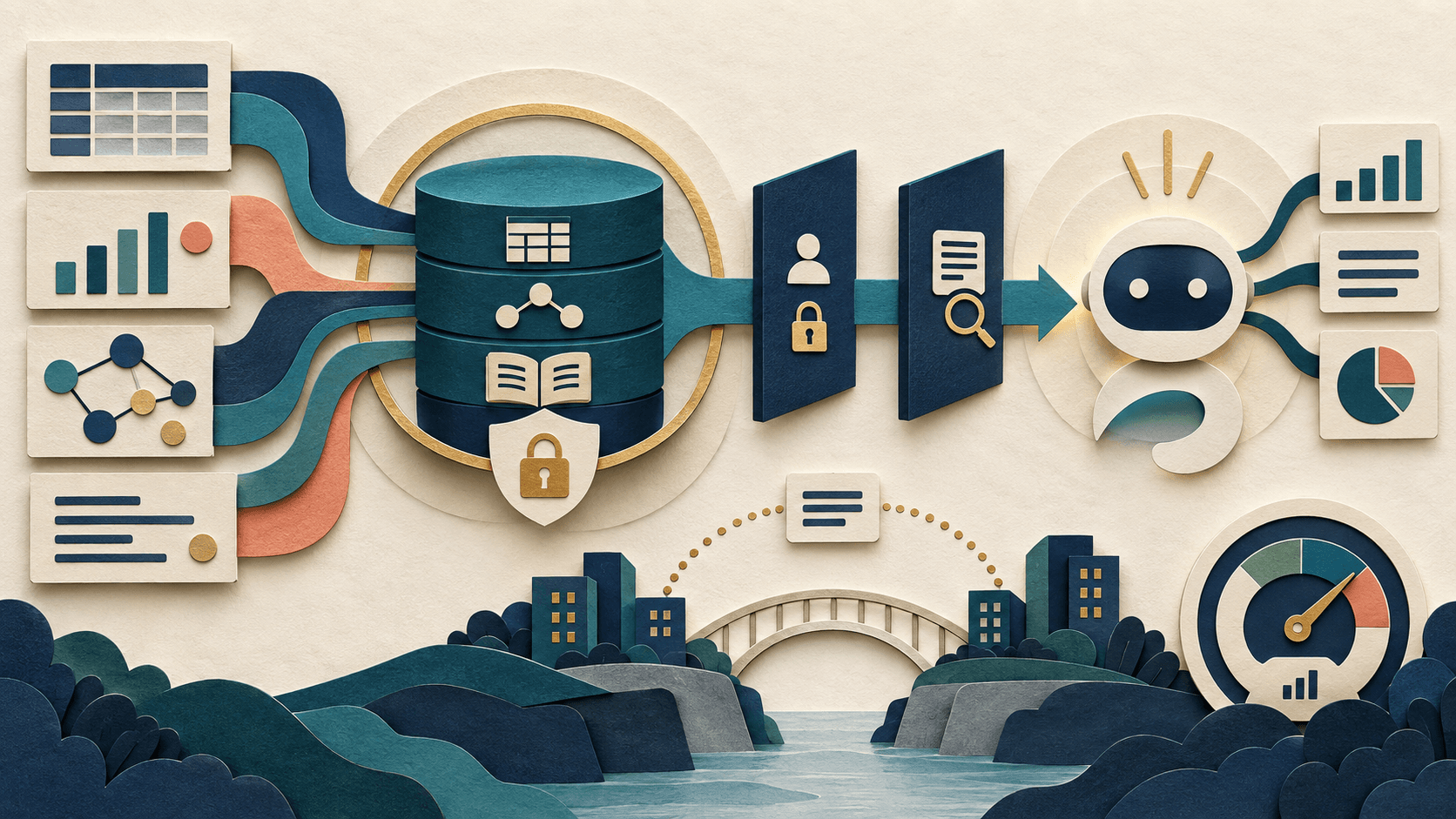 Fabric IQ Brings Governed Business Context to Copilot Paper-cut editorial illustration of governed business definitions feeding an assistant through access, grounding, sharing, and observability controls