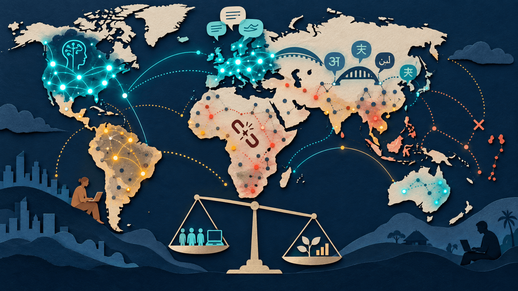 Microsoft Says Global AI Use Reached 18.8%—With a Wider Gap Paper-cut editorial illustration of a world map of uneven AI access with measured adoption paths, connectivity gaps, language bridges, and an evidence scale separating use from outcomes