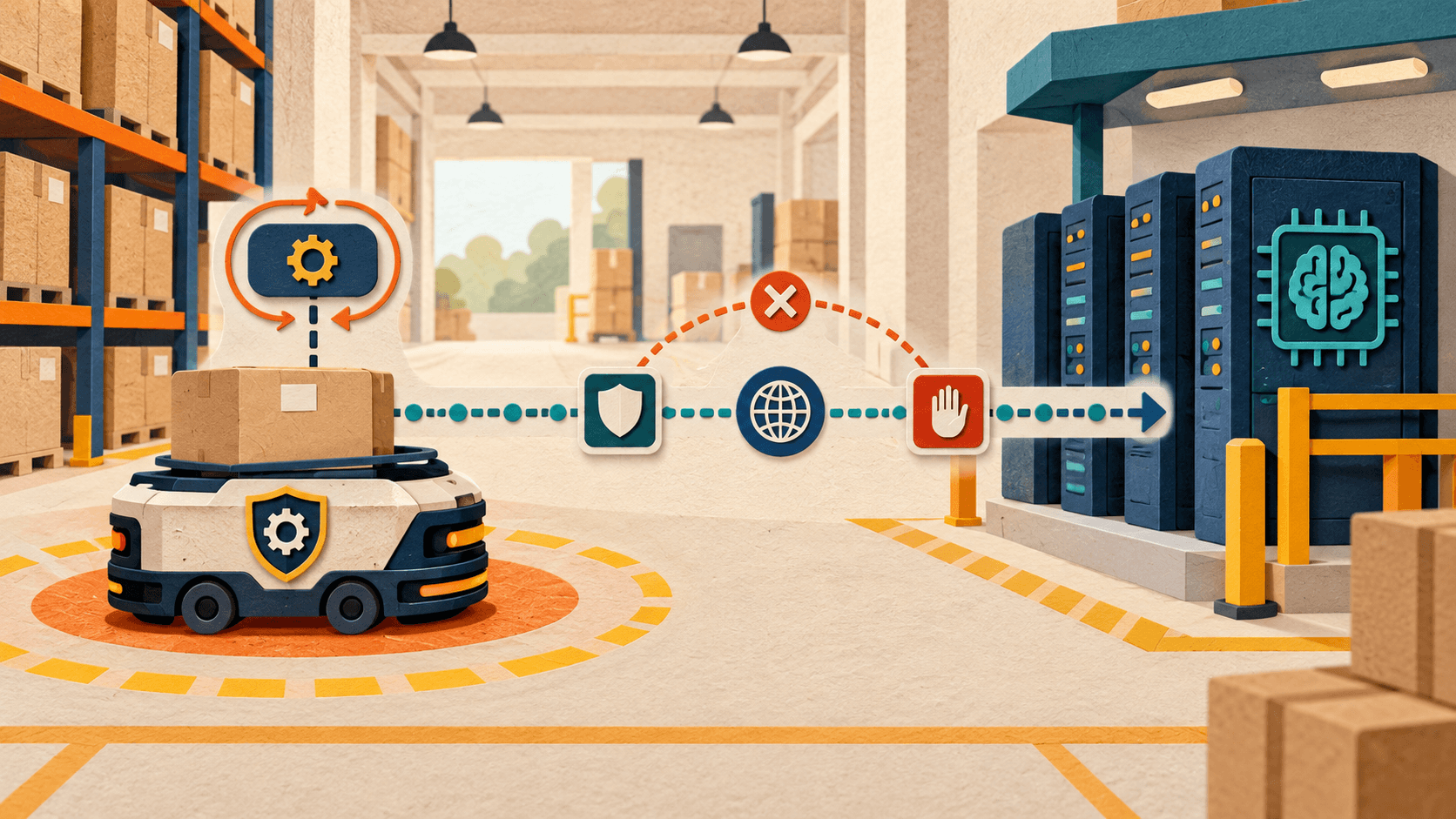 Microsoft Moves Robot AI Offboard—Latency Becomes a Safety Boundary Paper-cut editorial illustration of a warehouse robot splitting fast local safety controls from a larger remote AI model through a measured edge-compute path with latency and failover gates