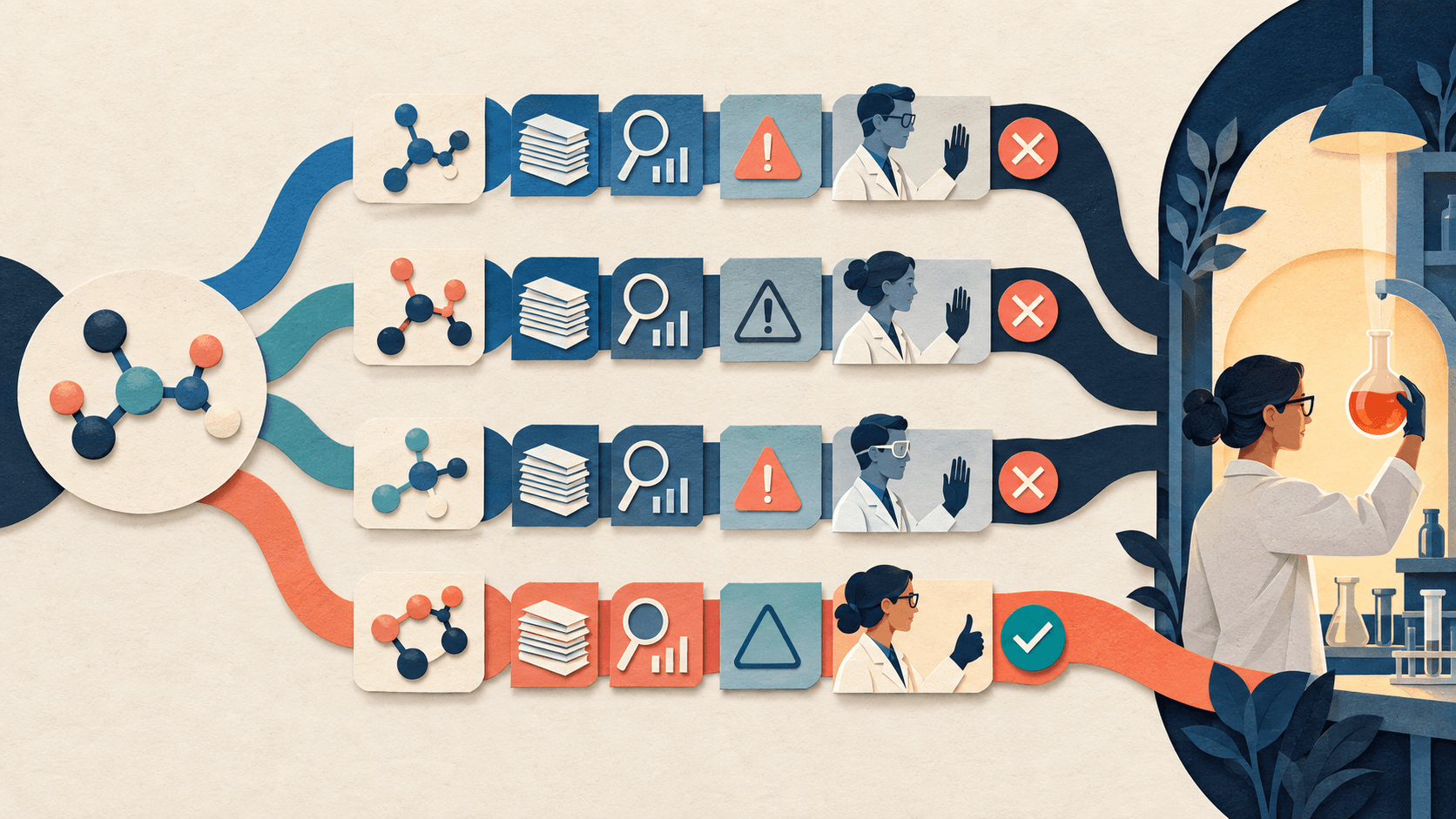 RetroChimera Maps How to Make Molecules—Chemists Still Hold the Gate Paper-cut editorial illustration of a target molecule branching backward into candidate reaction routes that pass through literature, feasibility, hazard, and expert laboratory approval gates