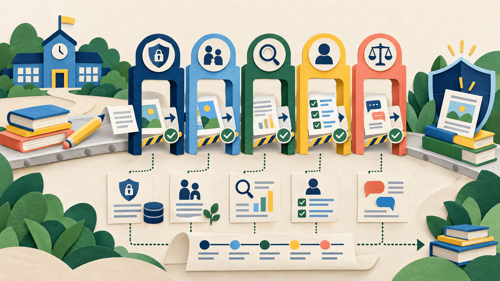 microsoft school ai safety 2026 Paper-cut editorial illustration of school learning materials passing through privacy, age, transparency, oversight, accessibility, and appeal gates