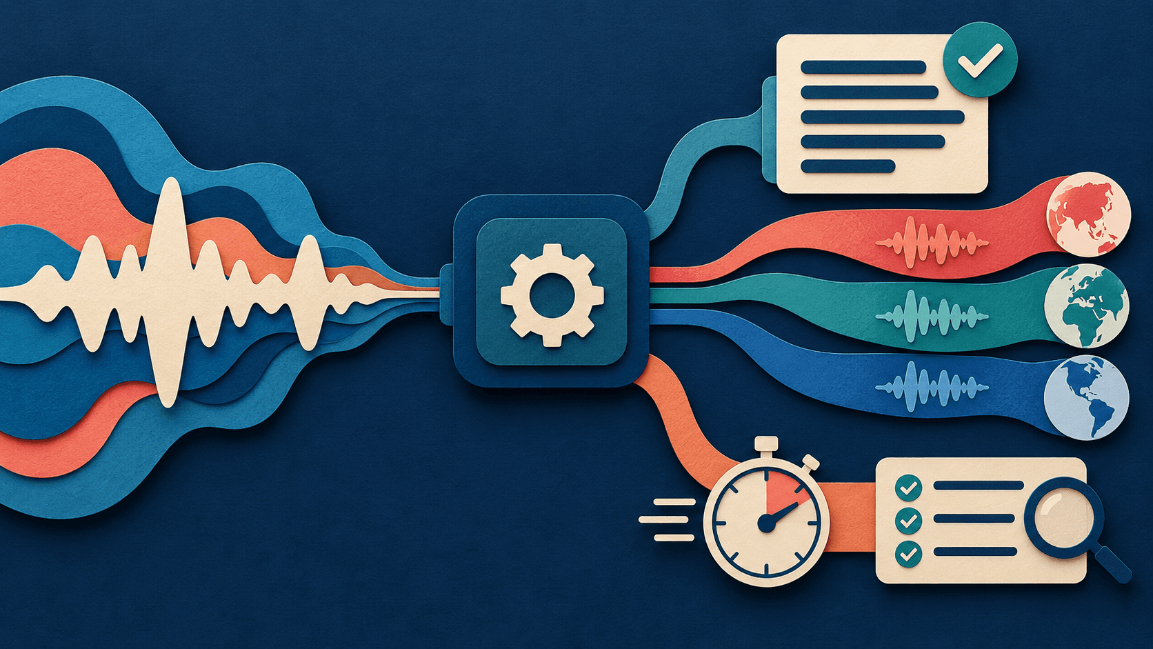 Speech waveforms passing through transcription and multilingual voice paths with timing and verification controls Speech waveforms passing through transcription and multilingual voice paths with timing and verification controls