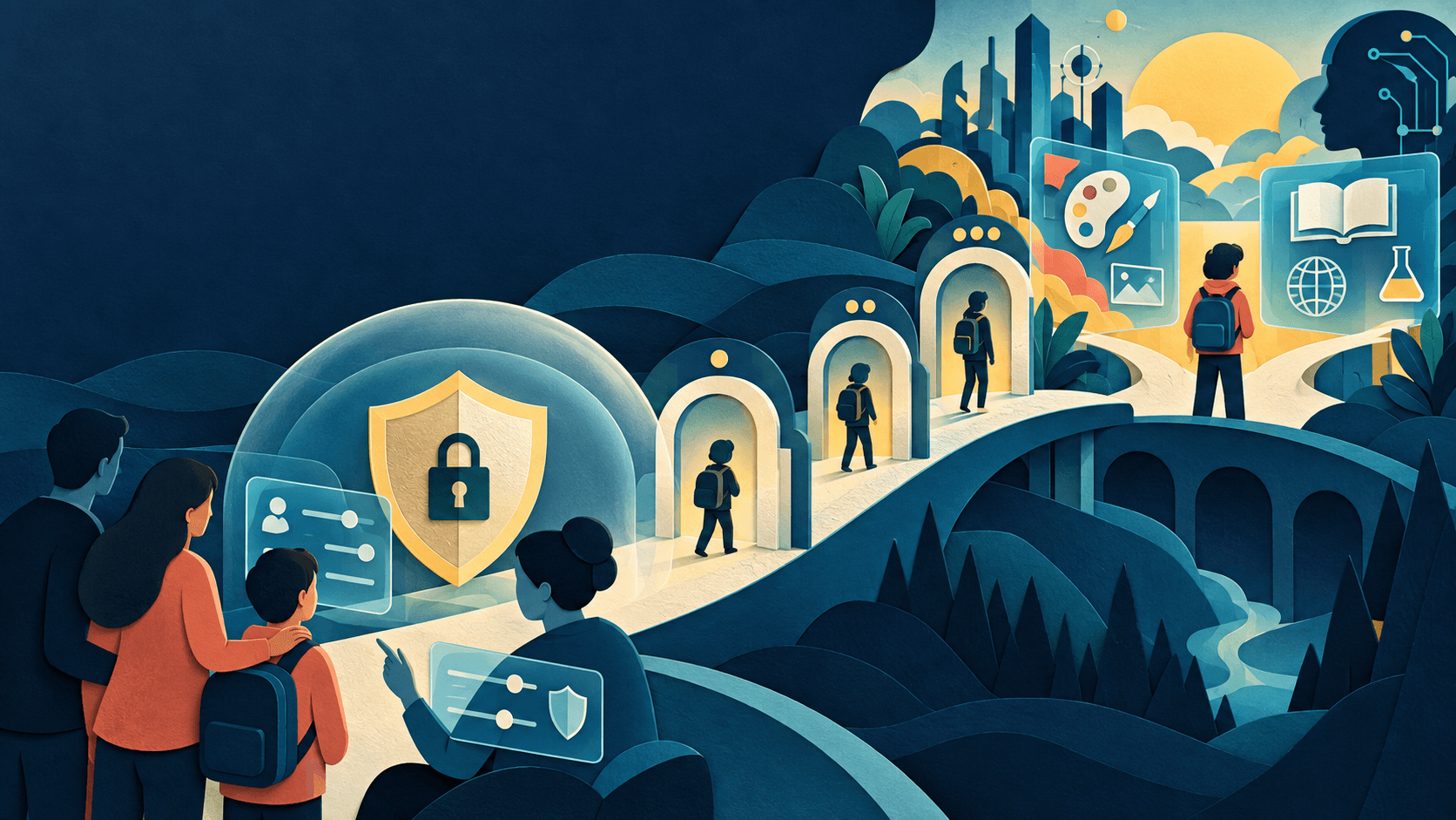 A protected path toward age-appropriate AI learning Paper-cut young learner following age-appropriate gates toward creative and educational AI tools with family guidance and privacy controls