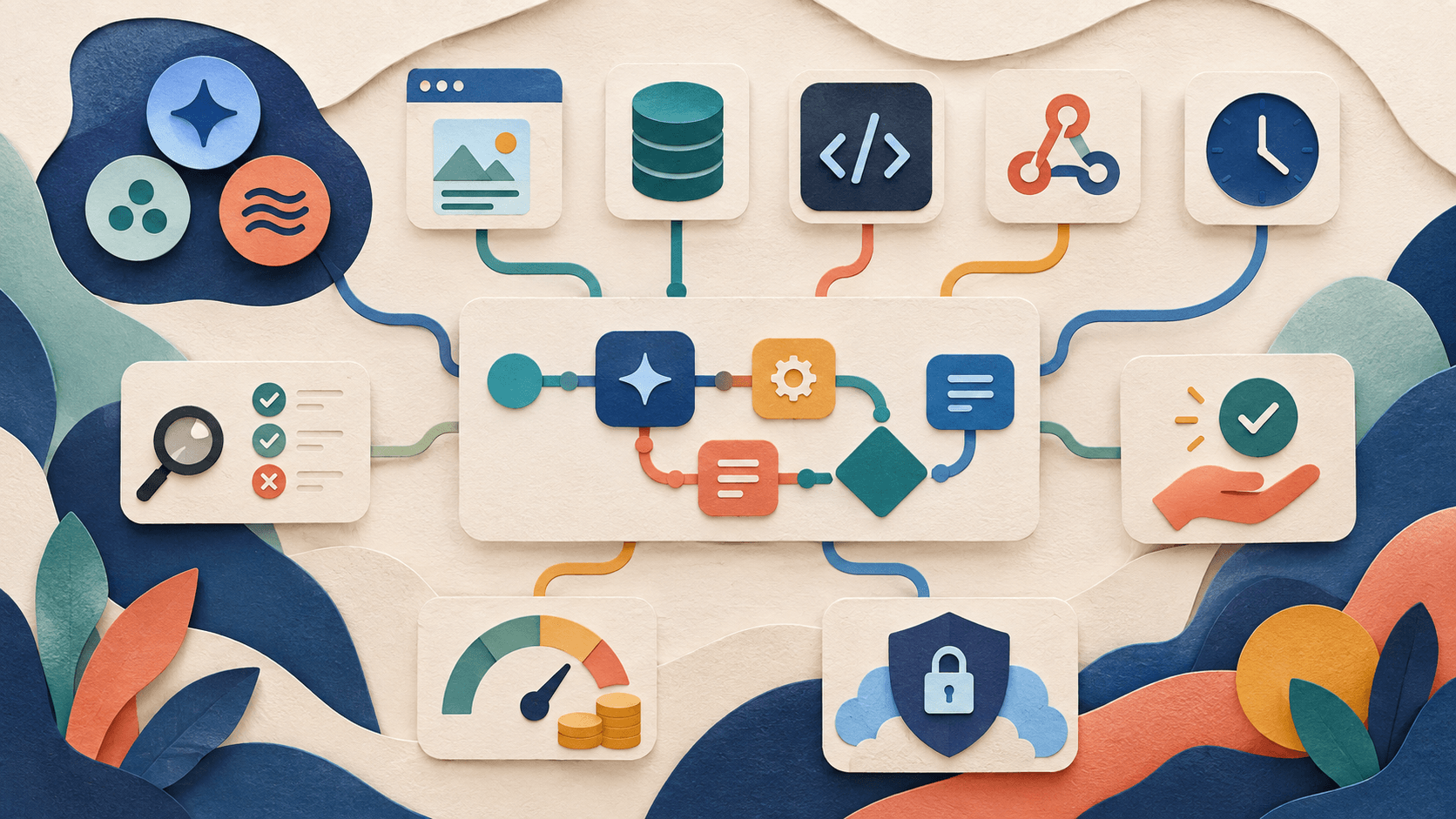 MindStudio review: low-code AI agent building and governance Paper-cut editorial illustration of a modular AI workflow connected to models, data, code, triggers, testing, human approval, cost controls, and secure deployment