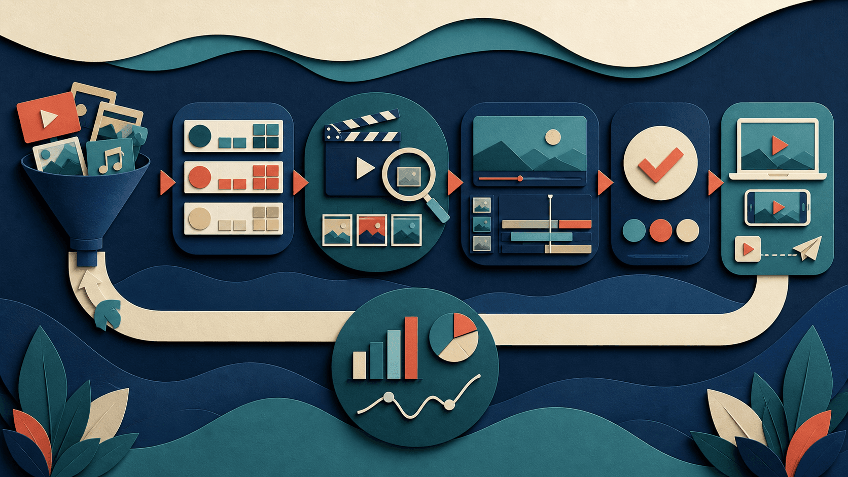Minvo video repurposing workflow for content agencies Editorial illustration of a multi-client agency system connecting intake, separate brand rules, AI clip selection, editor review, client approval, delivery, and performance learning