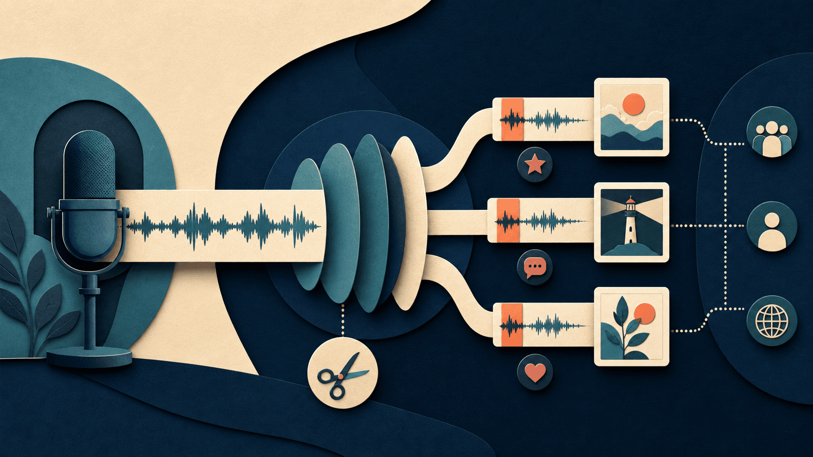 Podcast to short clips workflow with Minvo Editorial illustration of a podcast timeline filtered into context-rich short clips with revised hooks, corrected captions, restrained branding, and measured distribution