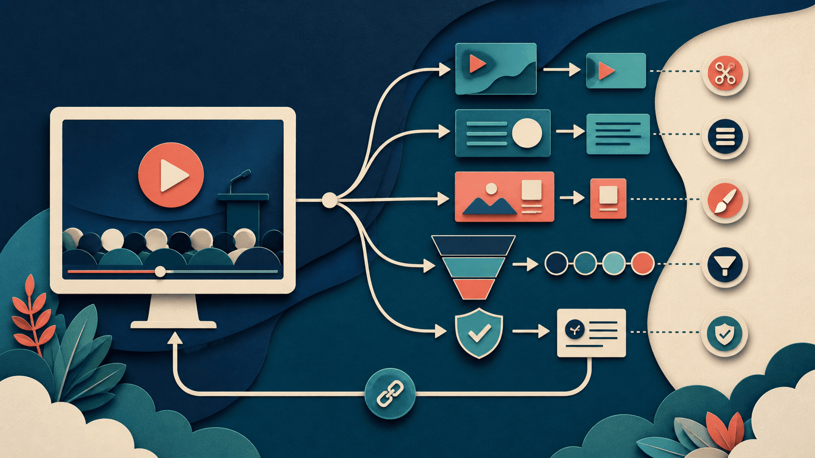 Minvo webinar repurposing workflow Editorial illustration of a webinar branching into selected clips, summaries, campaign assets, funnel stages, privacy review, and links to the complete resource