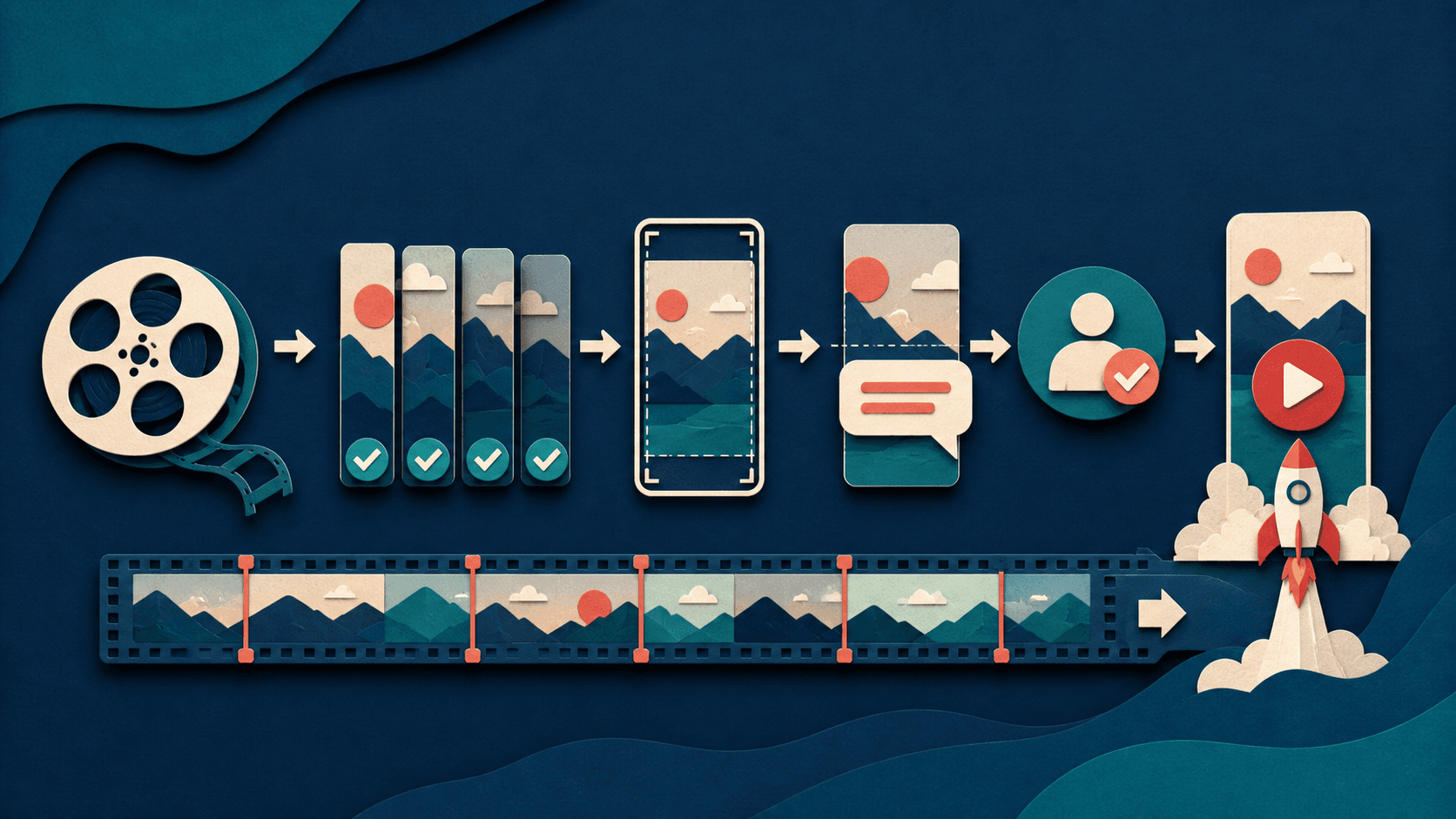 Long video to YouTube Shorts workflow with Minvo Editorial illustration of a horizontal long-form video becoming selected vertical clips with reframing, captions, human review, and publishing