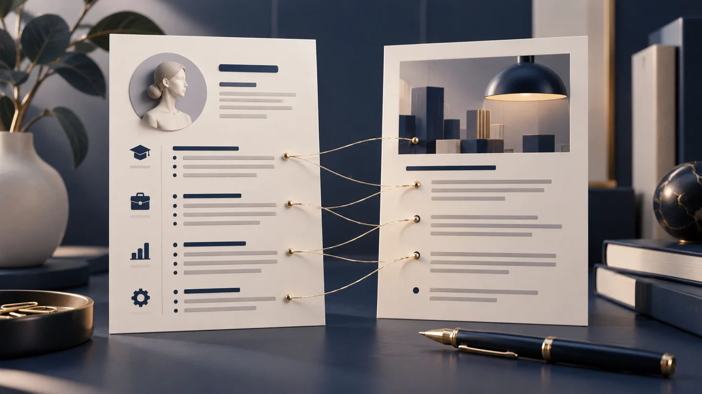 A resume and job brief connected by threads linking relevant experience