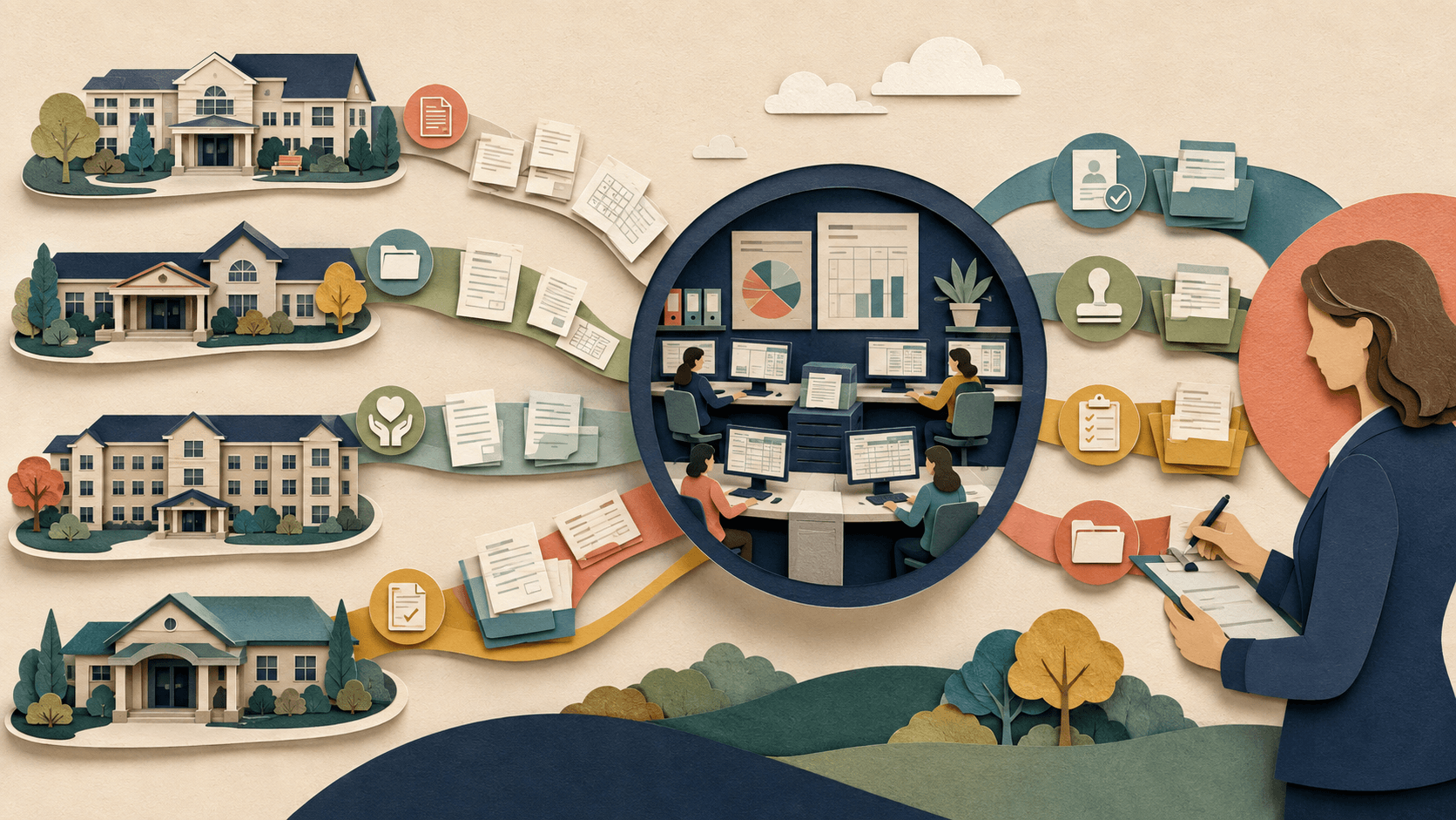 Morphik Review 2026: AI Workers for Senior Living Operations Paper-cut senior-living facilities sending financial and care documents into a supervised operations center