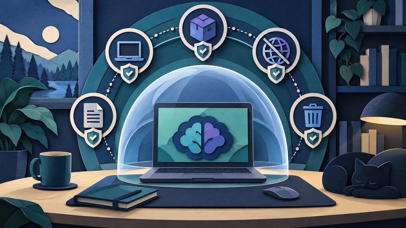 A local AI desktop inside layered privacy controls Paper-cut editorial illustration of a local AI laptop protected by model, network, document, permission, backup, and deletion checkpoints