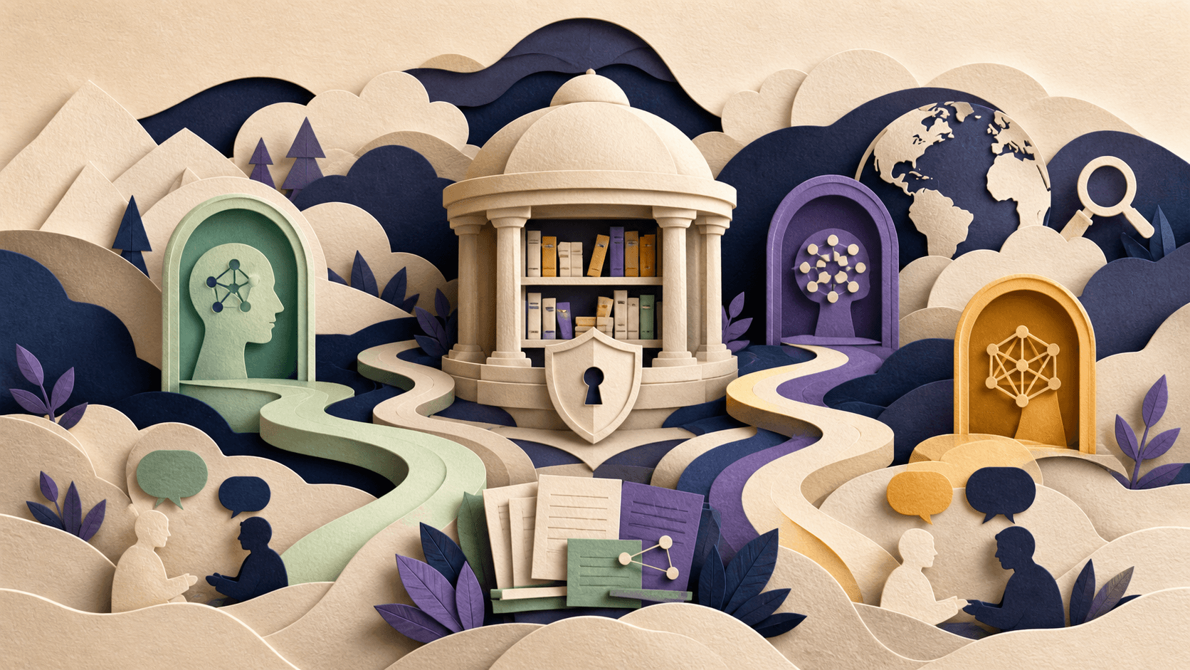 Msty Review 2026: Private AI Workspace, Pricing, and Fit Paper-cut illustration of a protected knowledge library connected to several local and cloud model paths