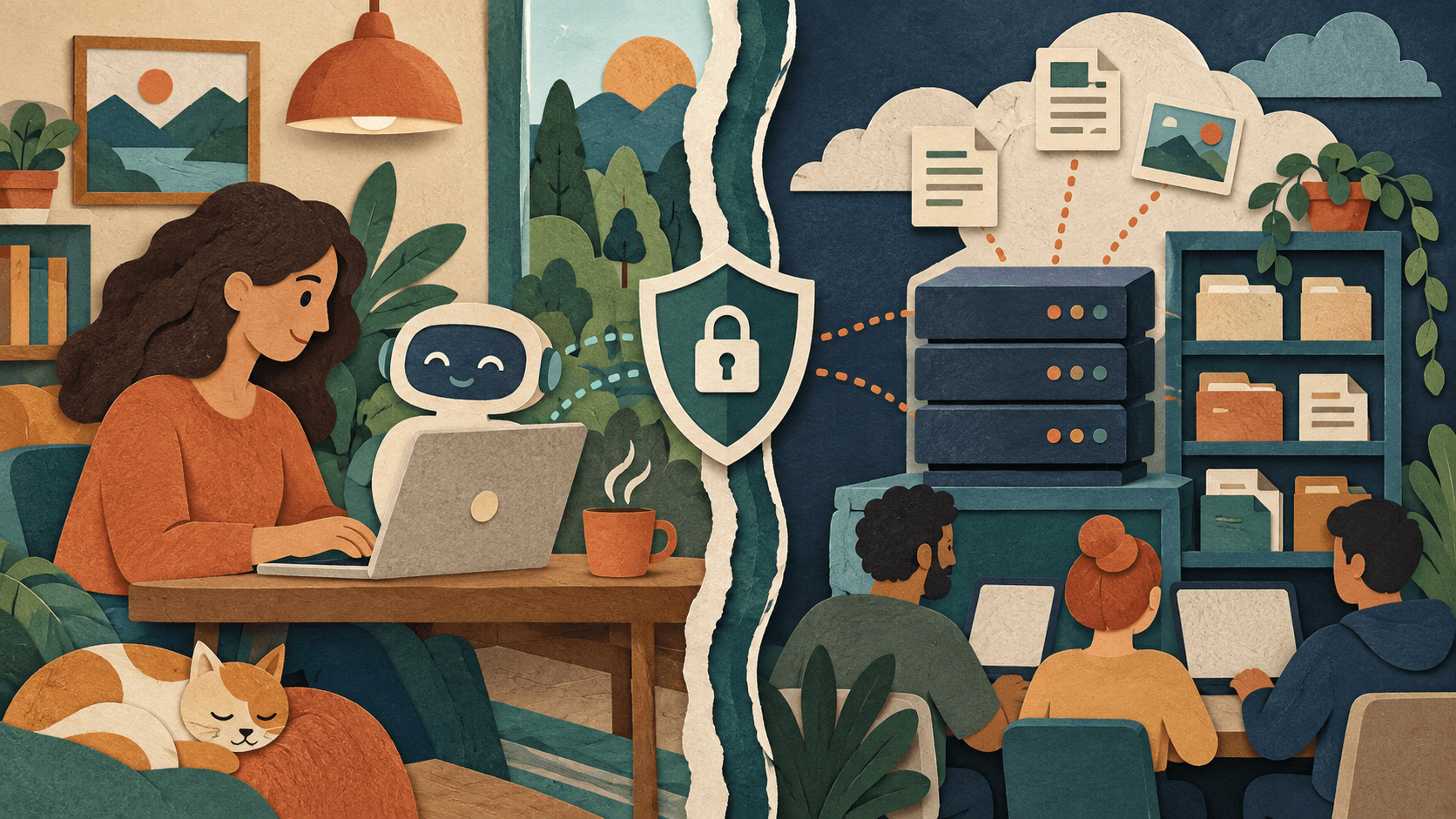 Personal local AI and self-hosted team AI take different paths Paper-cut illustration comparing a simple personal local AI desktop with a multi-user self-hosted AI server and document library