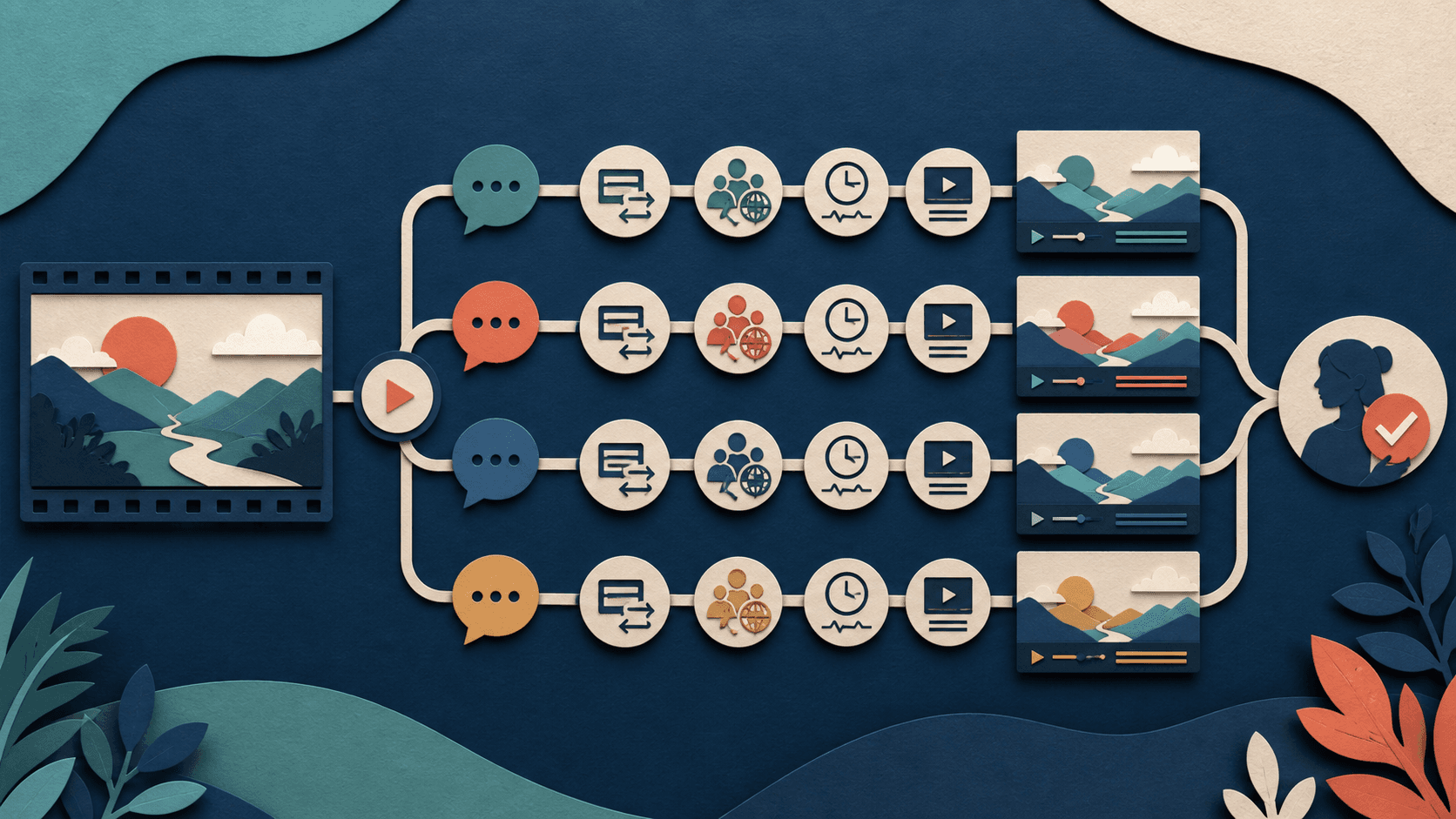Multilingual AI video production workflow Editorial illustration of one source video branching into translated language versions with timing, cultural, caption, and human-review checks