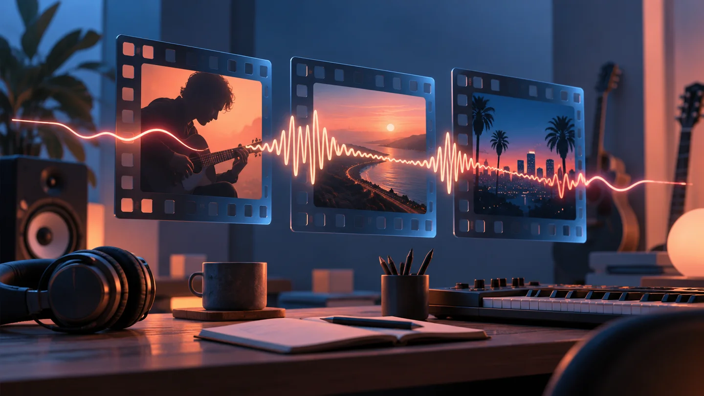 An audio waveform passing through cinematic frames on a musician’s desk