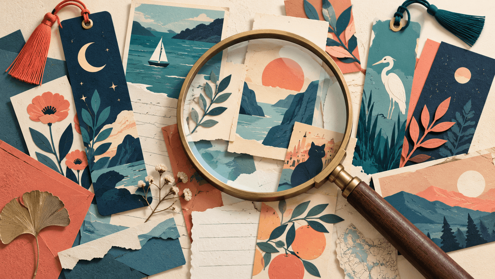 mymind Review 2026: AI Bookmarks, Privacy, and Fit A private tray of visual references, bookmarks and notes beside a search magnifying glass