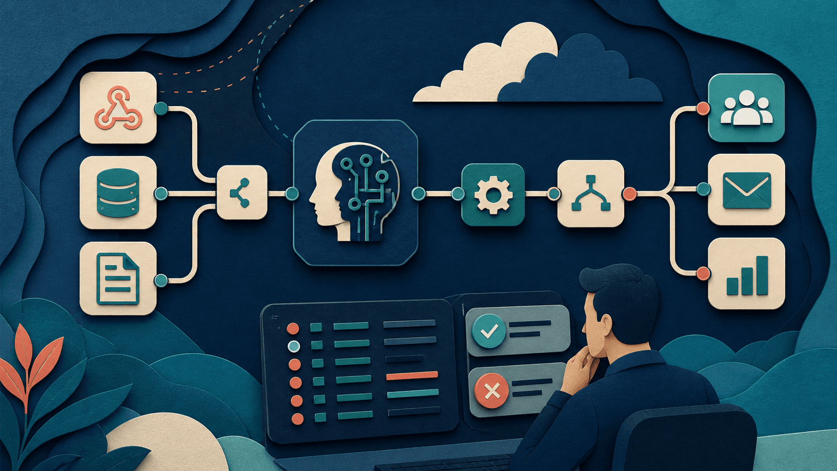 n8n AI automation platform review Paper-cut editorial illustration of an AI automation workflow connecting webhooks, data, approvals, and business applications